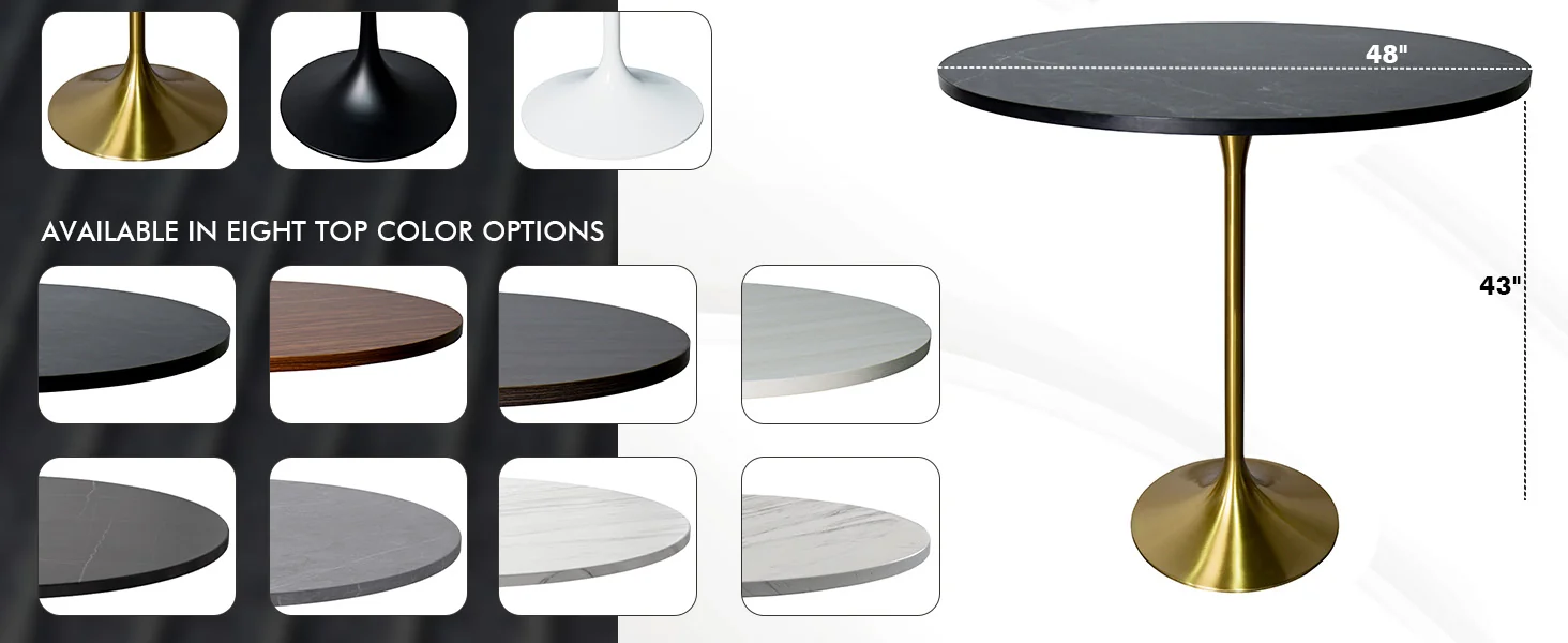 Verve Collection Modern Bar Height Table Brushed Gold Base with 48" Round Black Marbelized MDF Top