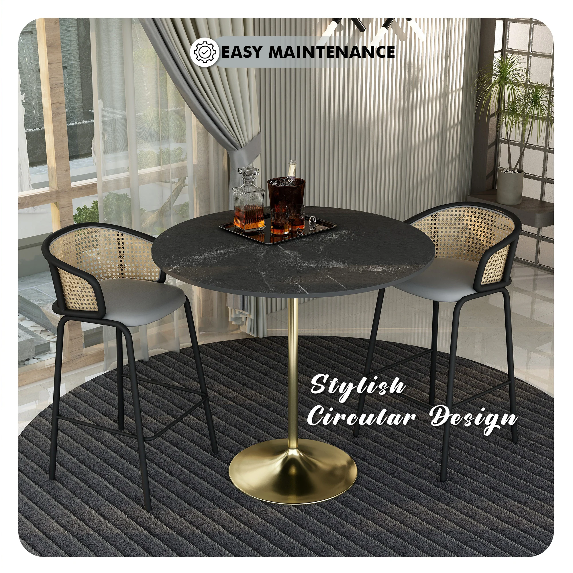 Verve Collection Modern Bar Height Table Brushed Gold Base with 48" Round Black Marbelized MDF Top