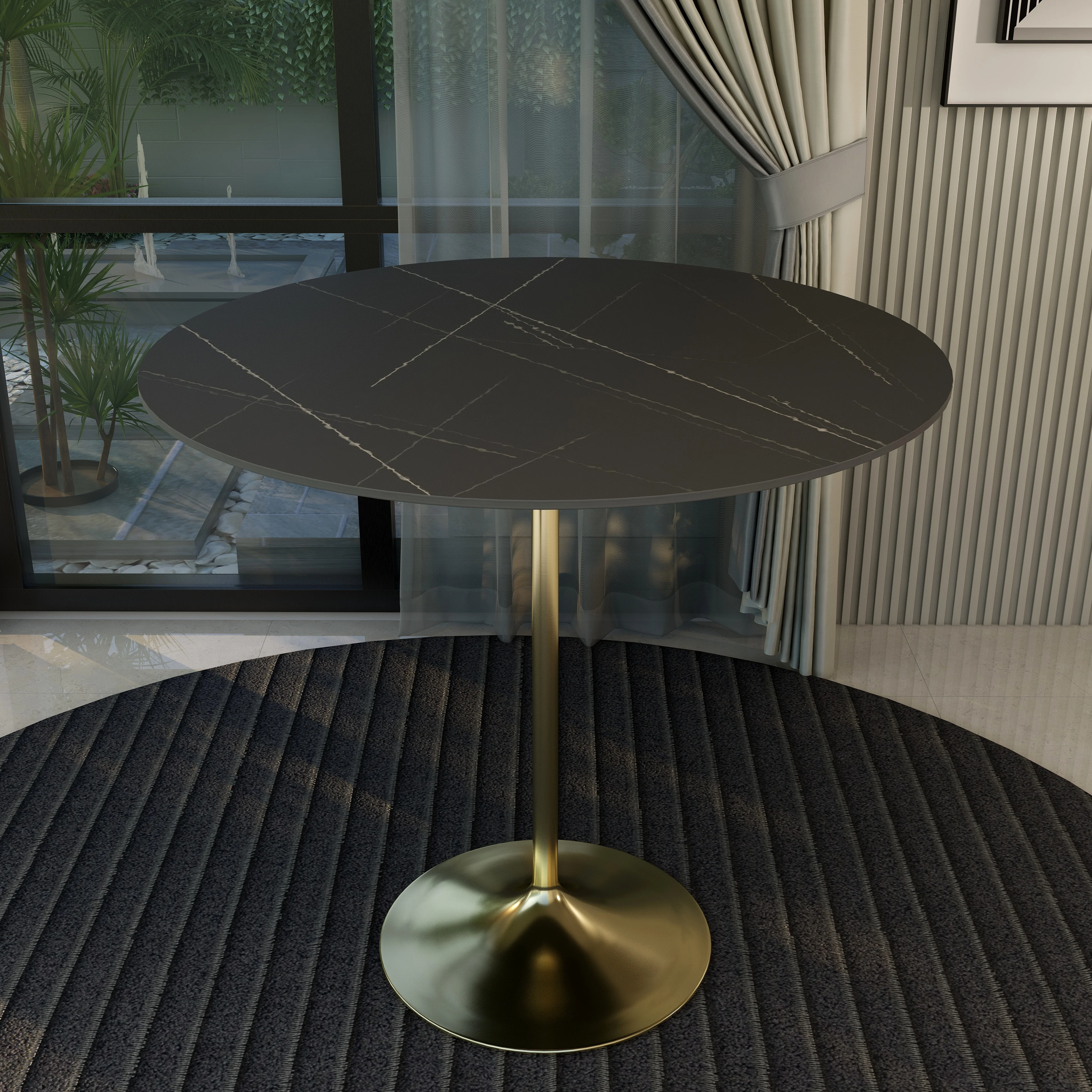 Verve Collection Modern Bar Height Table Brushed Gold Base with 48" Round Black Marbelized Sintered Stone Top