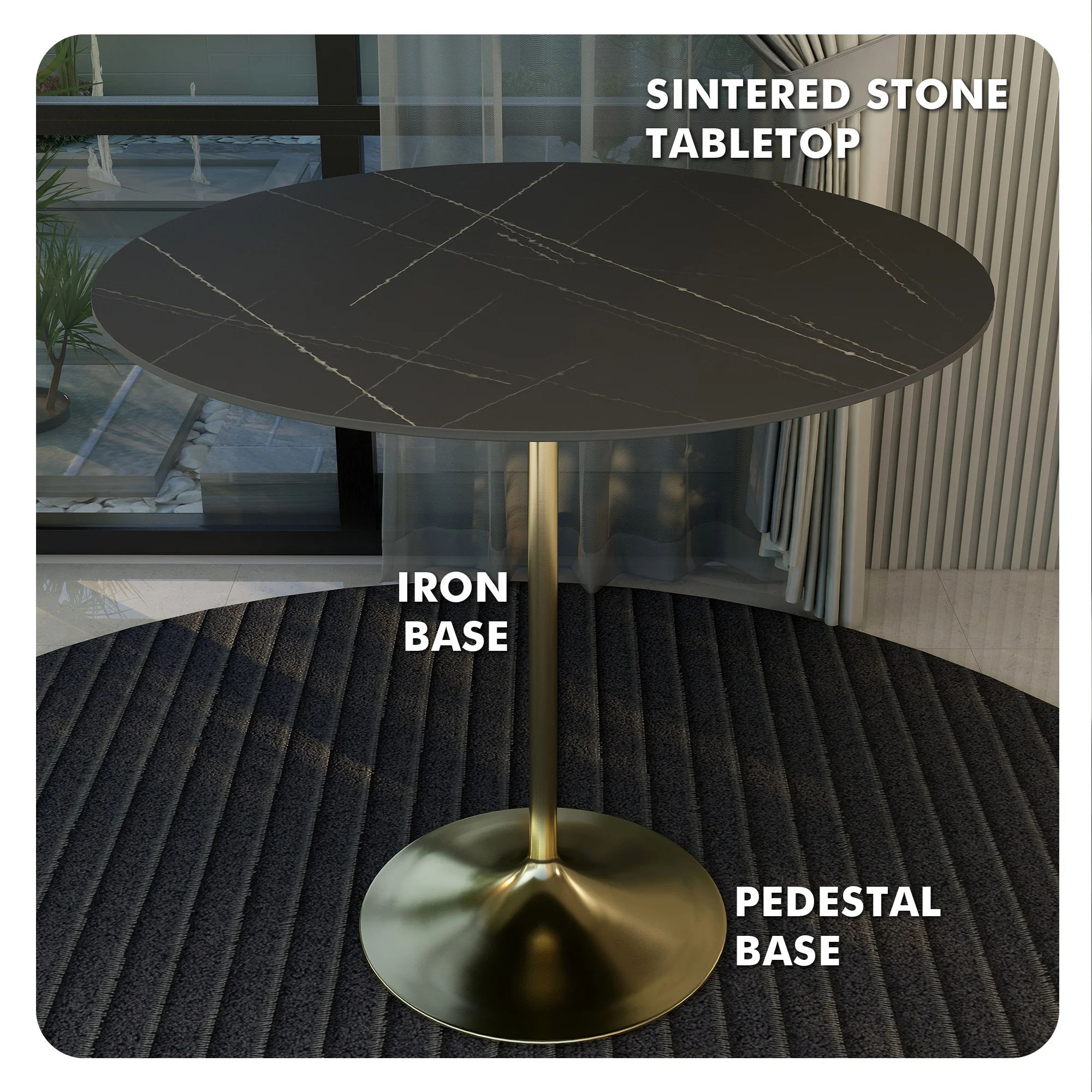 Verve Collection Modern Bar Height Table Brushed Gold Base with 48" Round Black Marbelized Sintered Stone Top