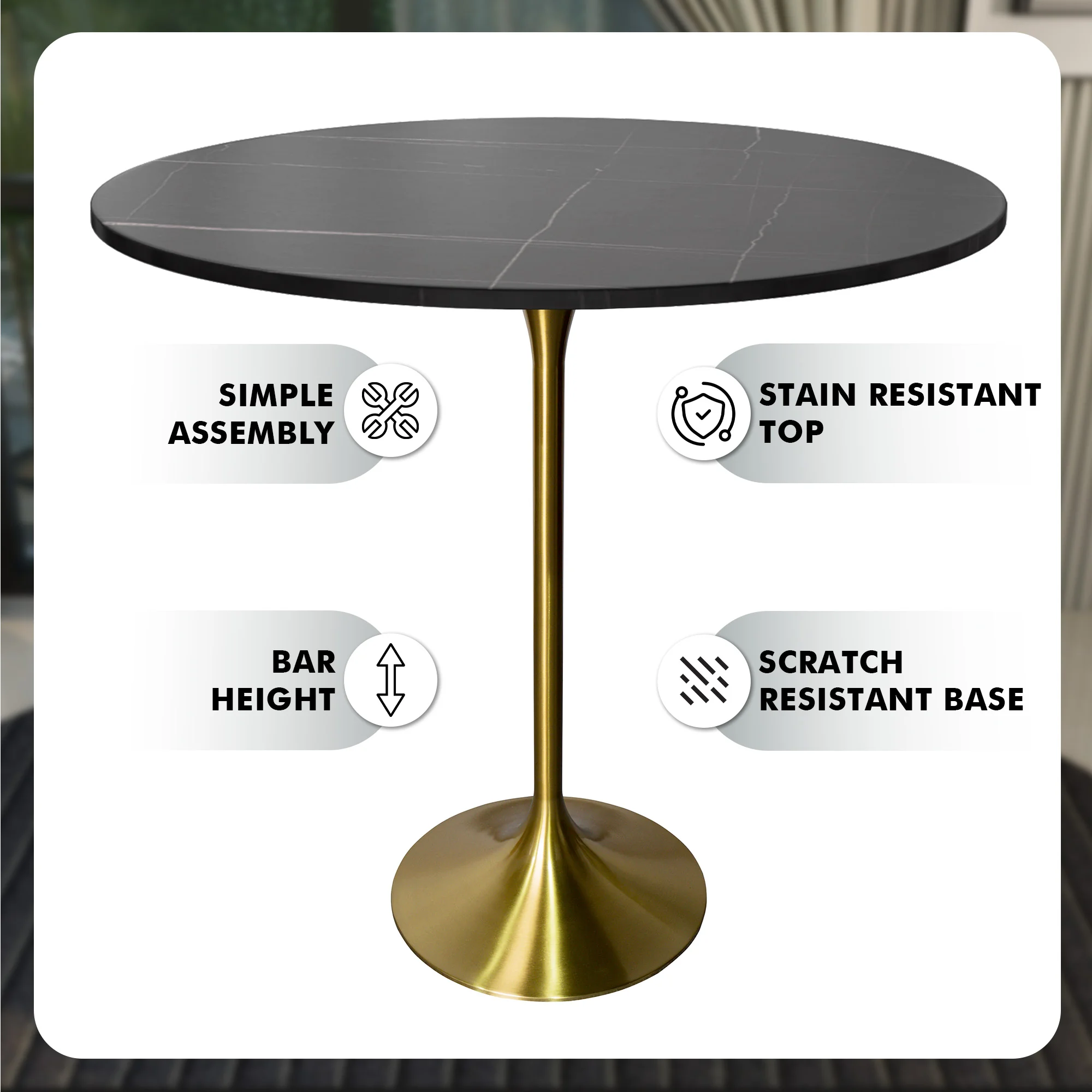 Verve Collection Modern Bar Height Table Brushed Gold Base with 48" Round Black Marbelized Sintered Stone Top