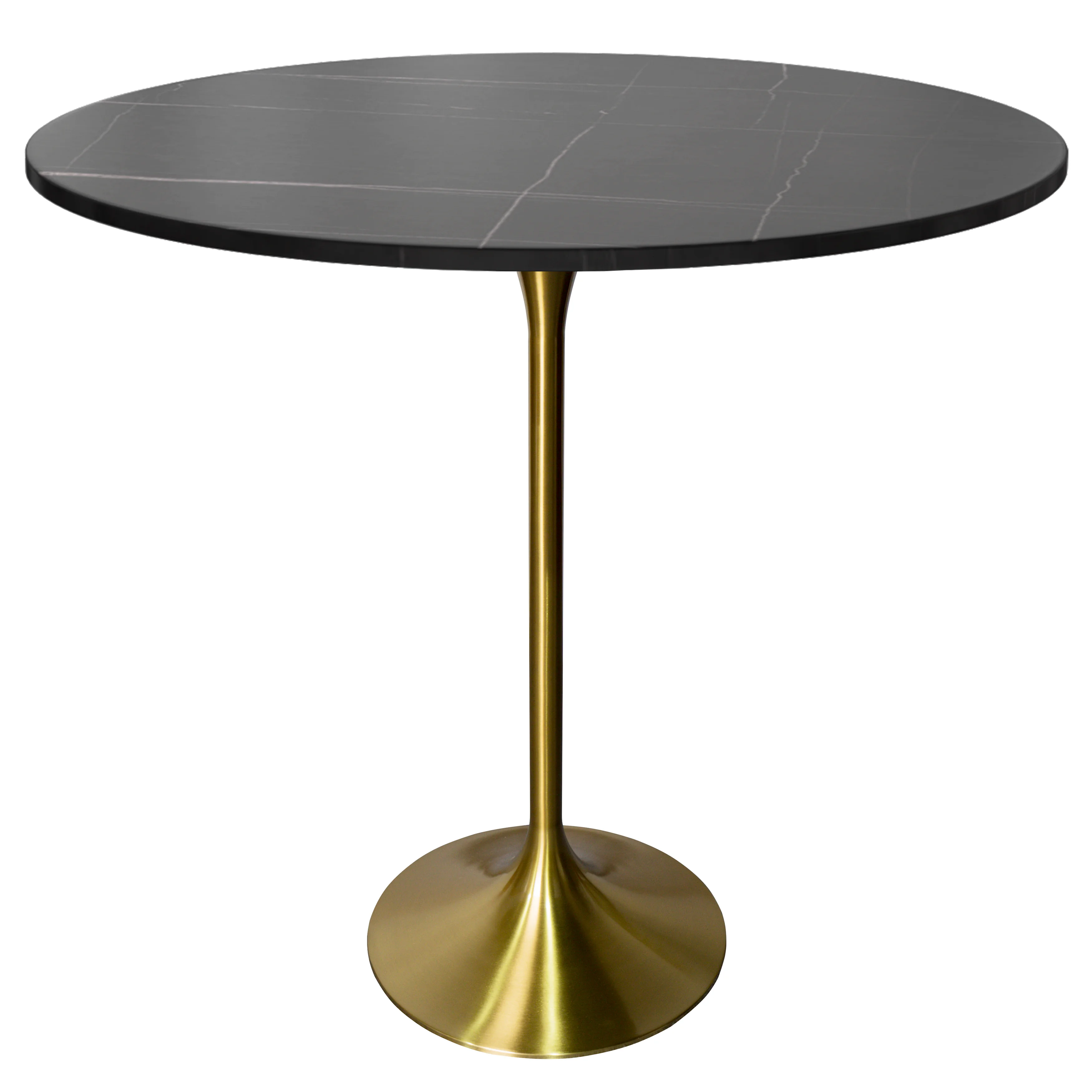 Verve Collection Modern Bar Height Table Brushed Gold Base with 48" Round Black Marbelized Sintered Stone Top