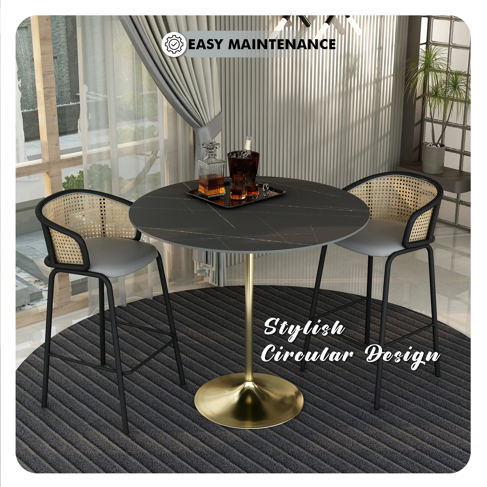 Verve Collection Modern Bar Height Table Brushed Gold Base with 48" Round Black Marbelized Sintered Stone Top