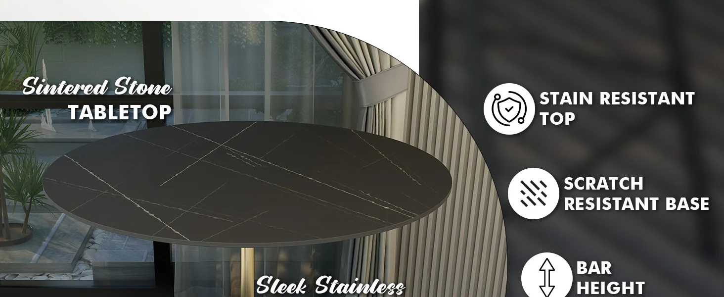 Verve Collection Modern Bar Height Table Brushed Gold Base with 48" Round Black Marbelized Sintered Stone Top