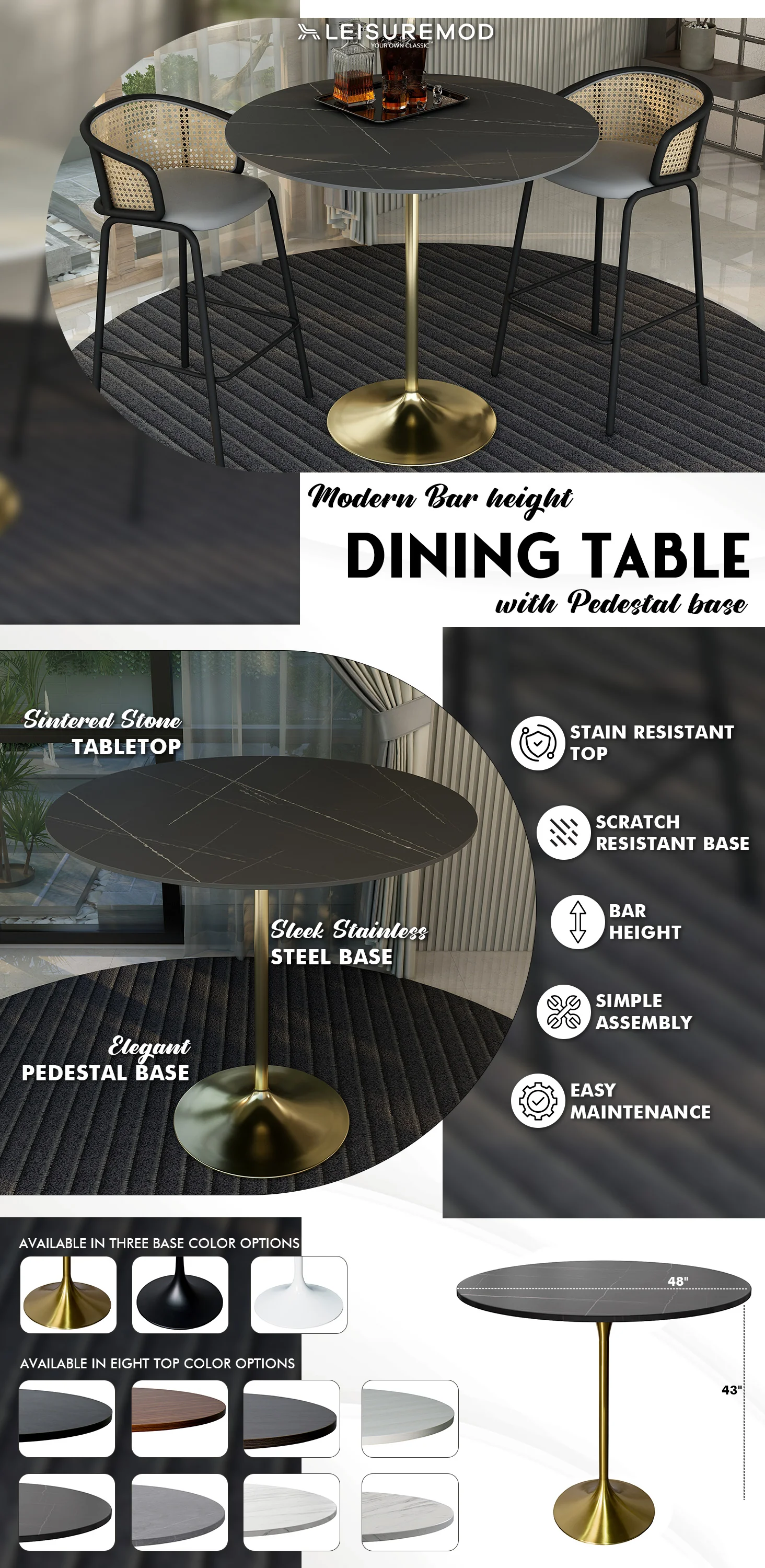 Verve Collection Modern Bar Height Table Brushed Gold Base with 48" Round Black Marbelized Sintered Stone Top