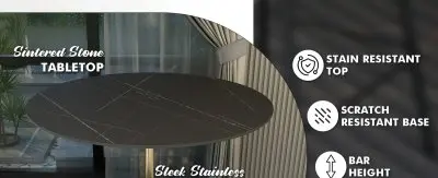 Verve Collection Modern Bar Height Table Brushed Gold Base with 48" Round Black Marbelized Sintered Stone Top