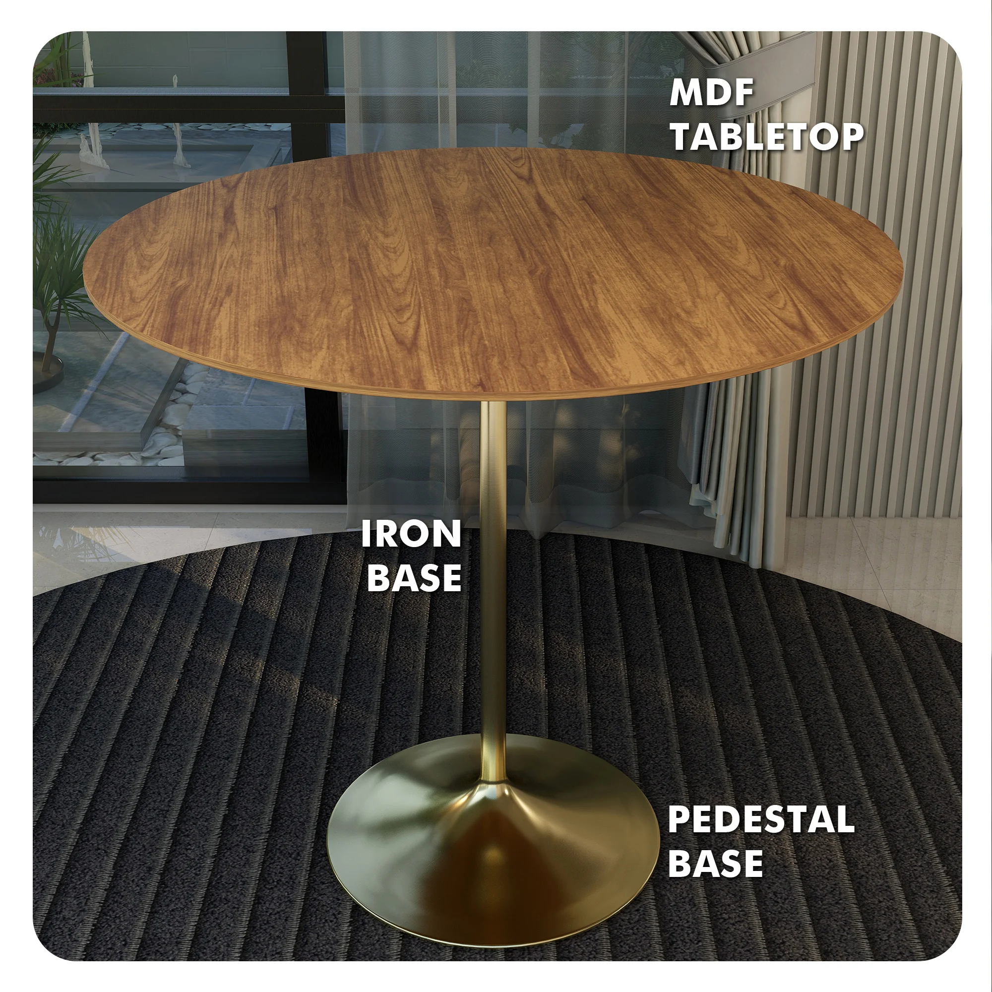 Verve Collection Modern Bar Height Table Brushed Gold Base with 48" Round Cognac Brown MDF Top