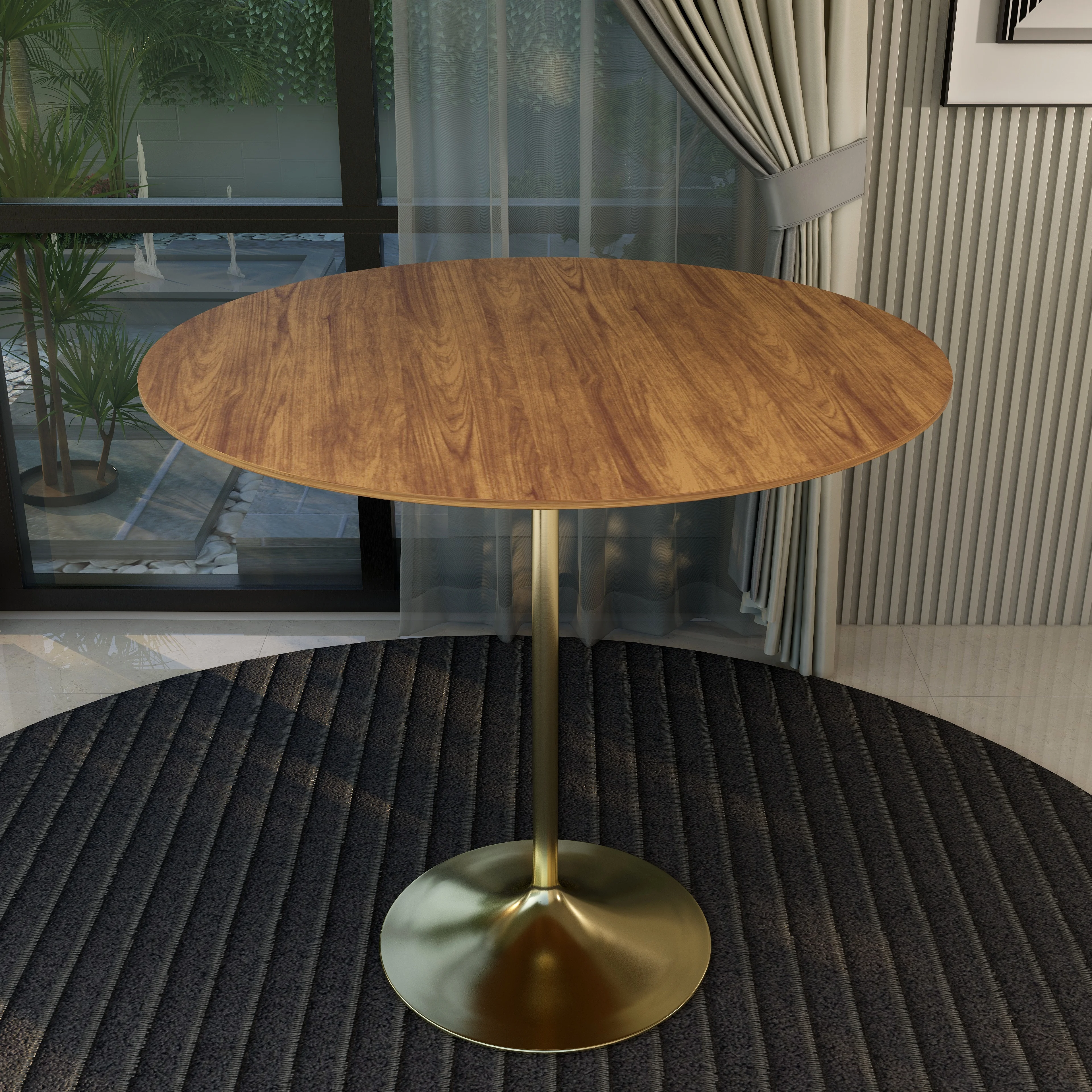 Verve Collection Modern Bar Height Table Brushed Gold Base with 48" Round Cognac Brown MDF Top