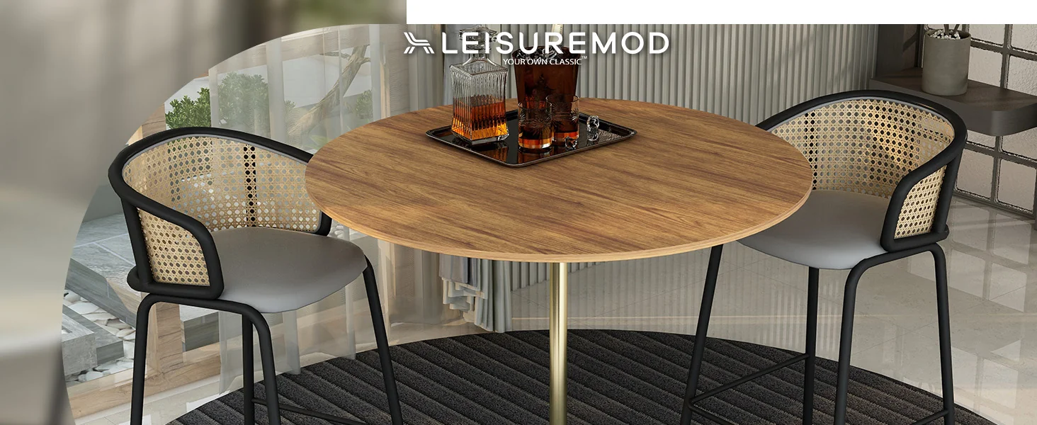 Verve Collection Modern Bar Height Table Brushed Gold Base with 48" Round Cognac Brown MDF Top
