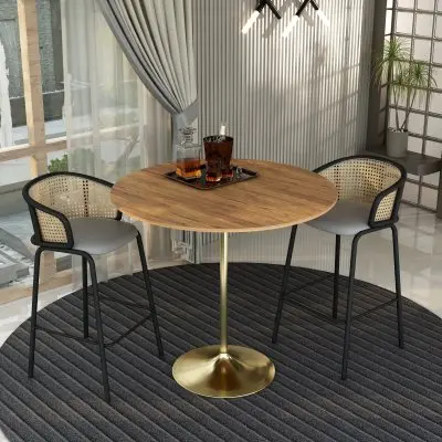 Verve Collection Modern Bar Height Table Brushed Gold Base with 48" Round Cognac Brown MDF Top