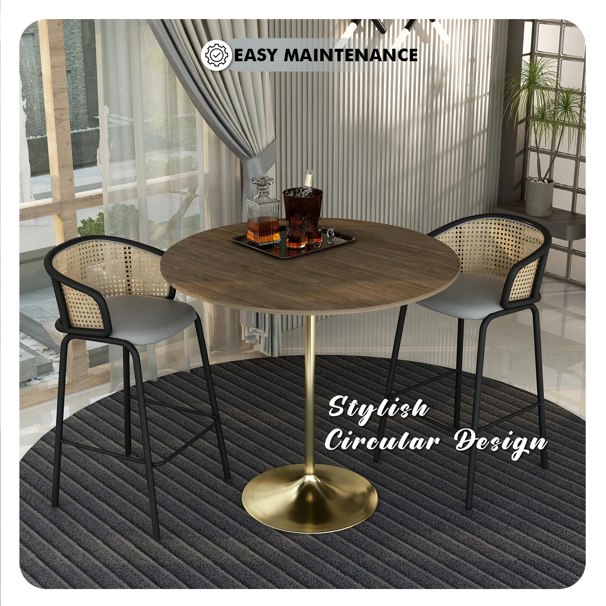 Verve Collection Modern Bar Height Table Brushed Gold Base with 48" Round Dark Walnut MDF Top