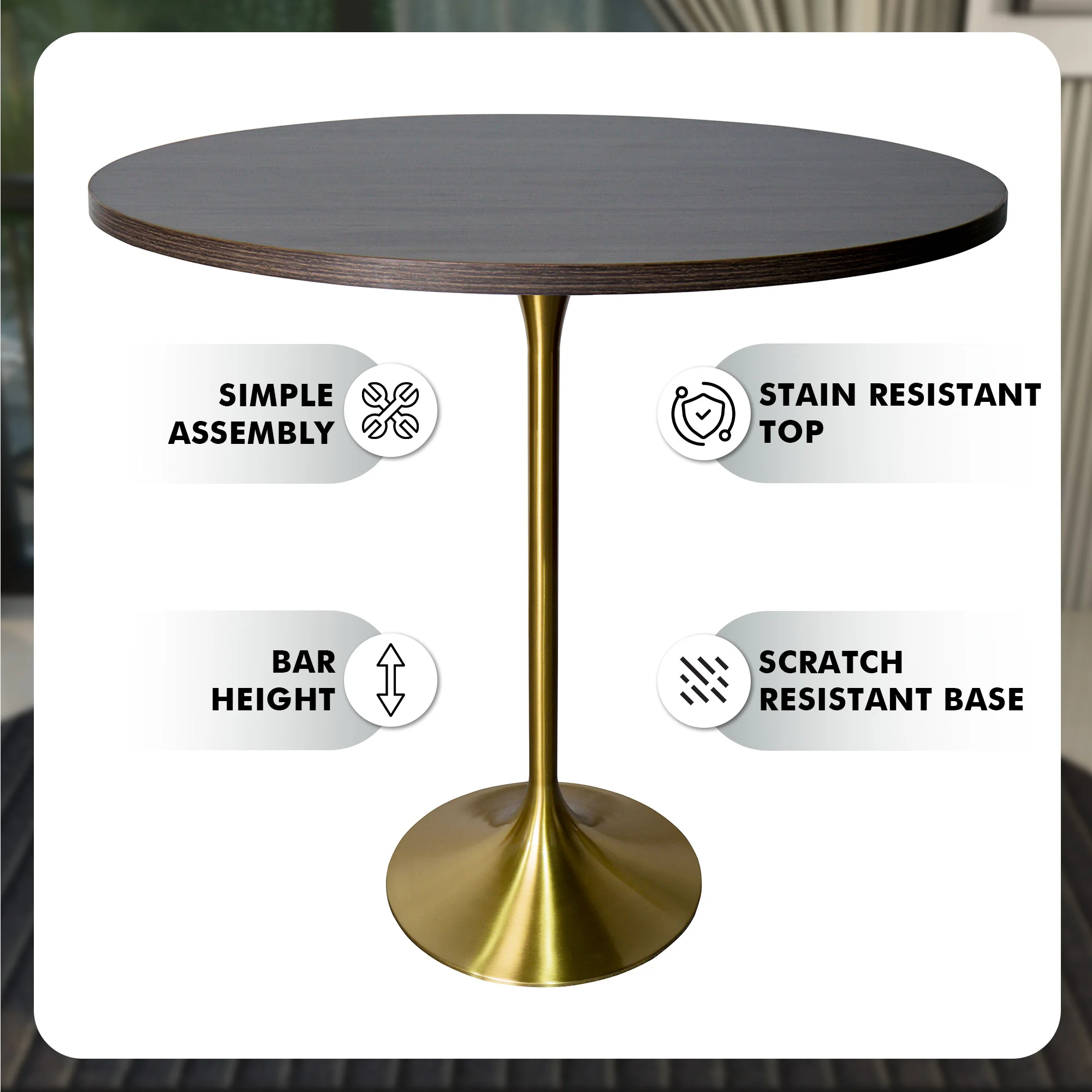 Verve Collection Modern Bar Height Table Brushed Gold Base with 48" Round Dark Walnut MDF Top