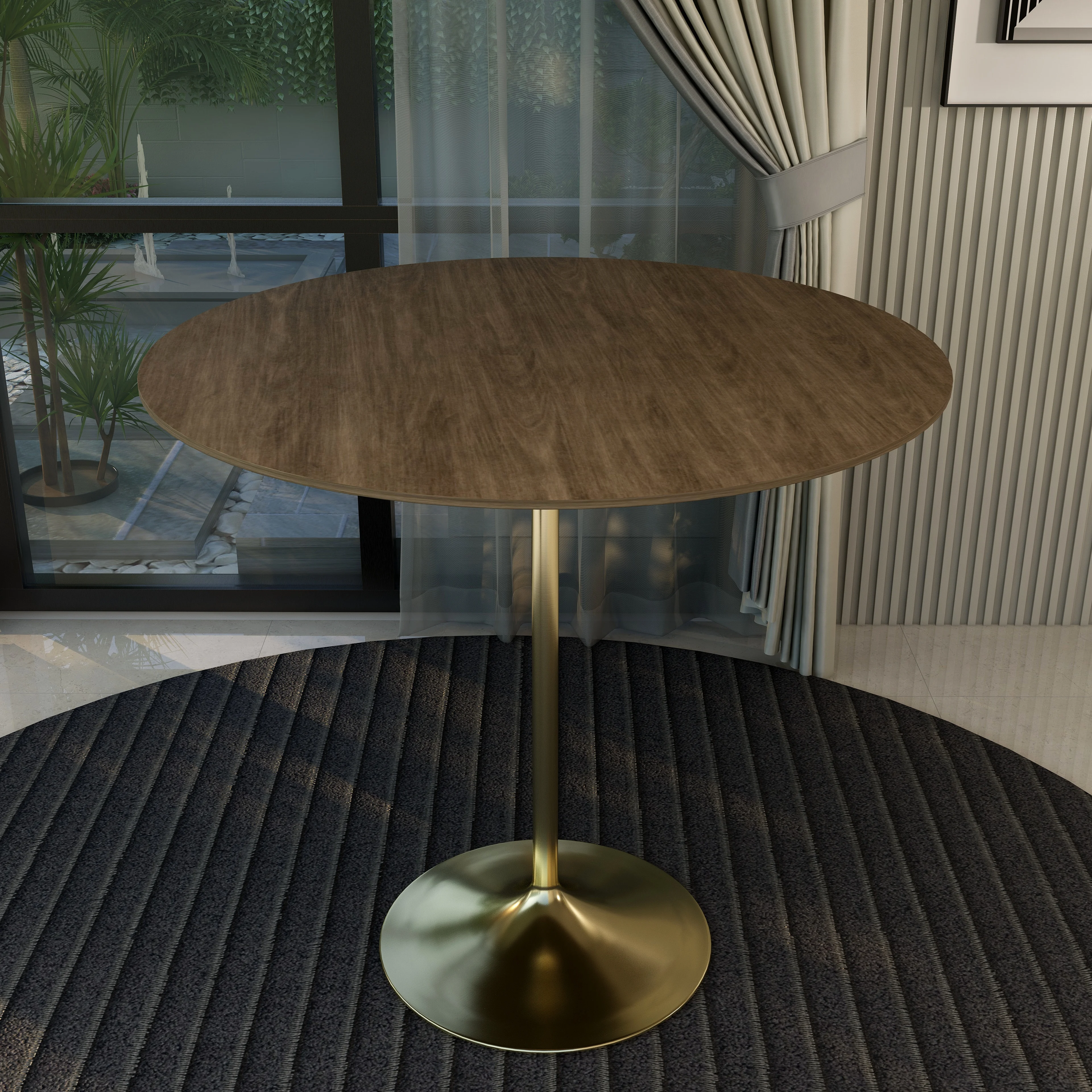 Verve Collection Modern Bar Height Table Brushed Gold Base with 48" Round Dark Walnut MDF Top