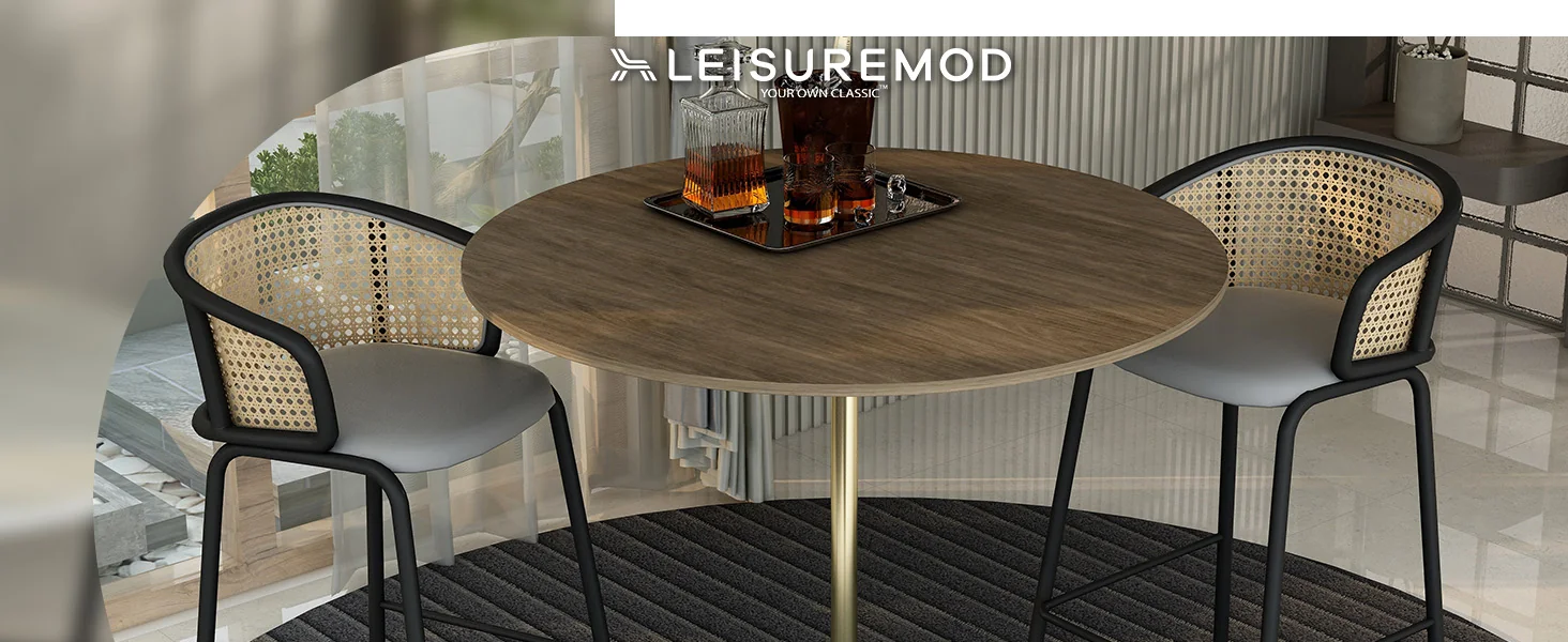 Verve Collection Modern Bar Height Table Brushed Gold Base with 48" Round Dark Walnut MDF Top
