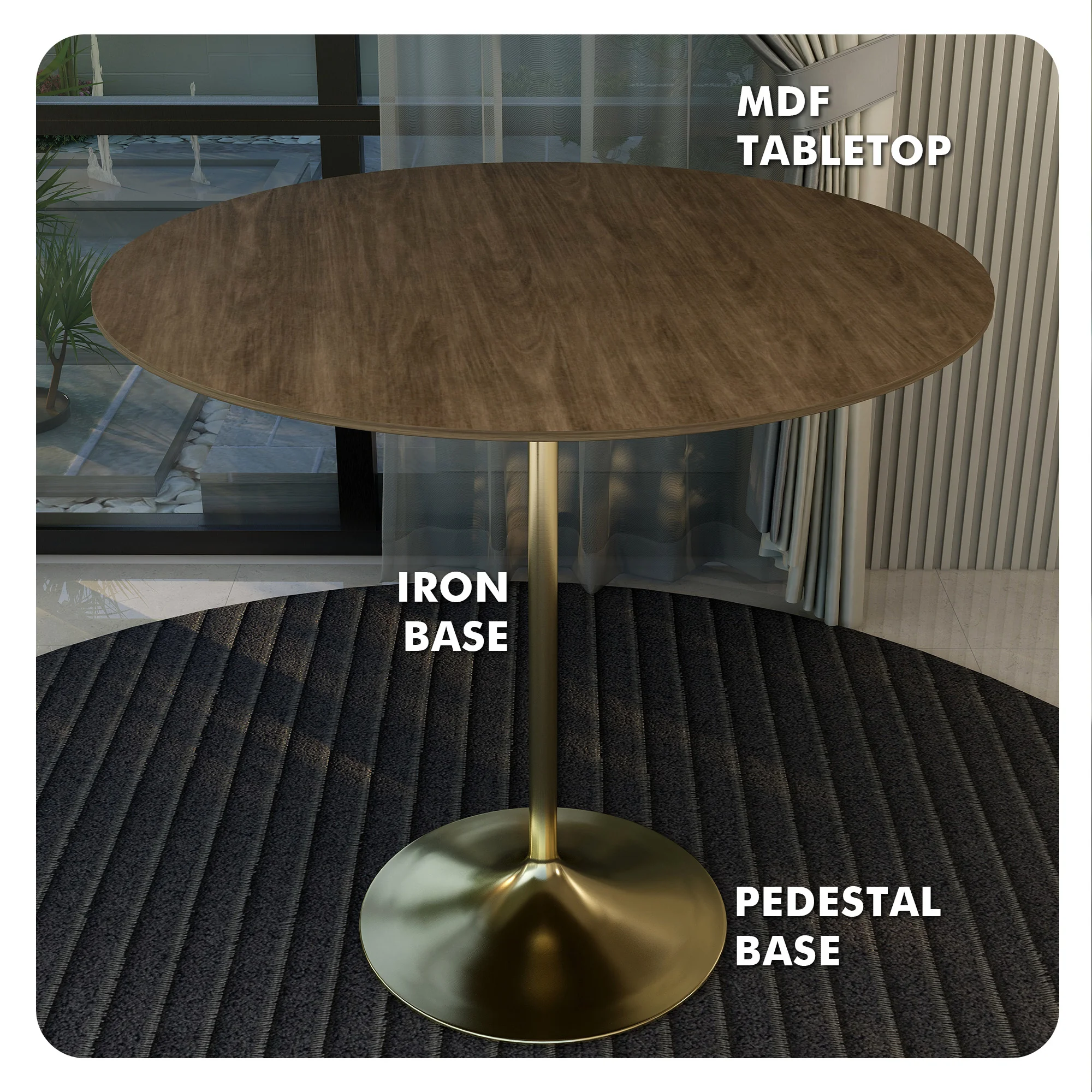 Verve Collection Modern Bar Height Table Brushed Gold Base with 48" Round Dark Walnut MDF Top