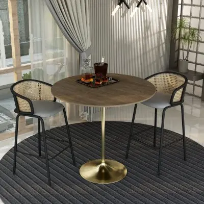 Verve Collection Modern Bar Height Table Brushed Gold Base with 48" Round Dark Walnut MDF Top