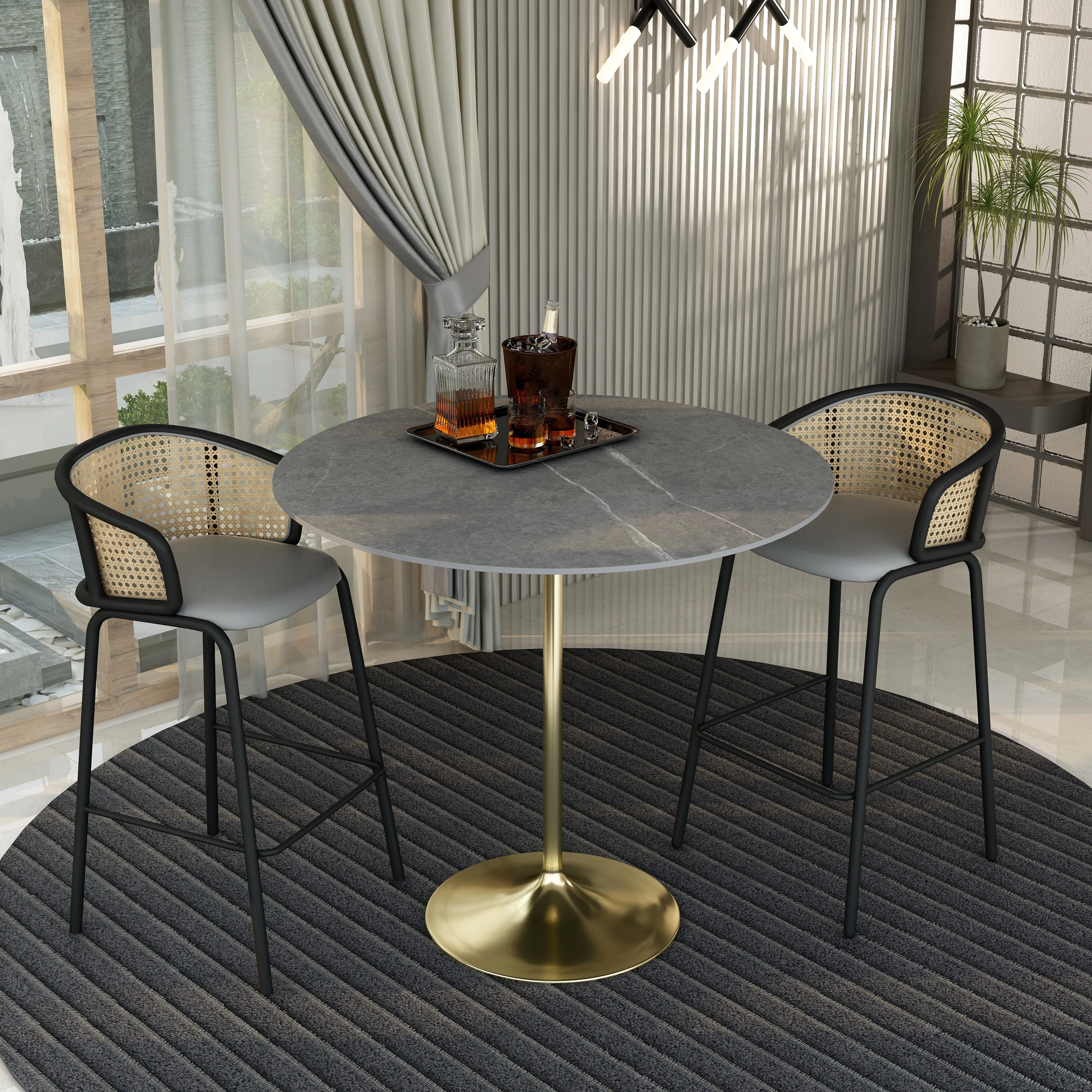 Verve Collection Modern Bar Height Table Brushed Gold Base with 48" Round Marble Grey Sintered Stone Top