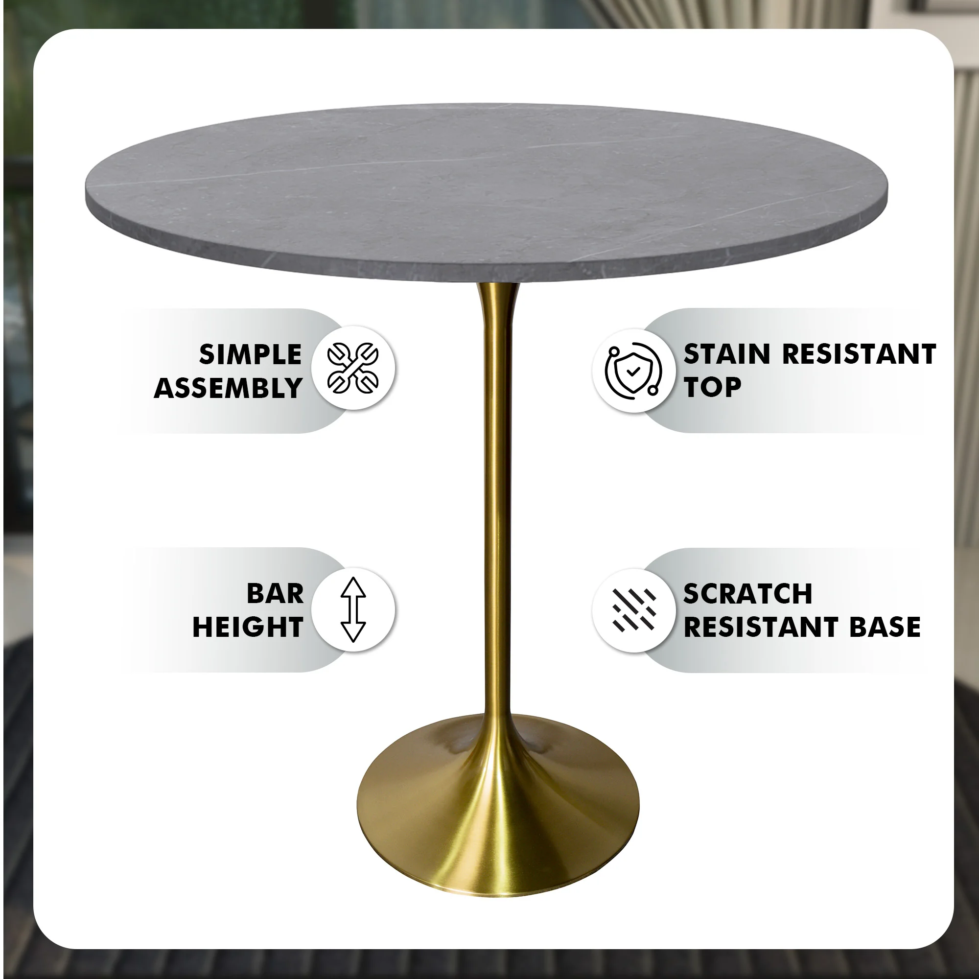 Verve Collection Modern Bar Height Table Brushed Gold Base with 48" Round Marble Grey Sintered Stone Top
