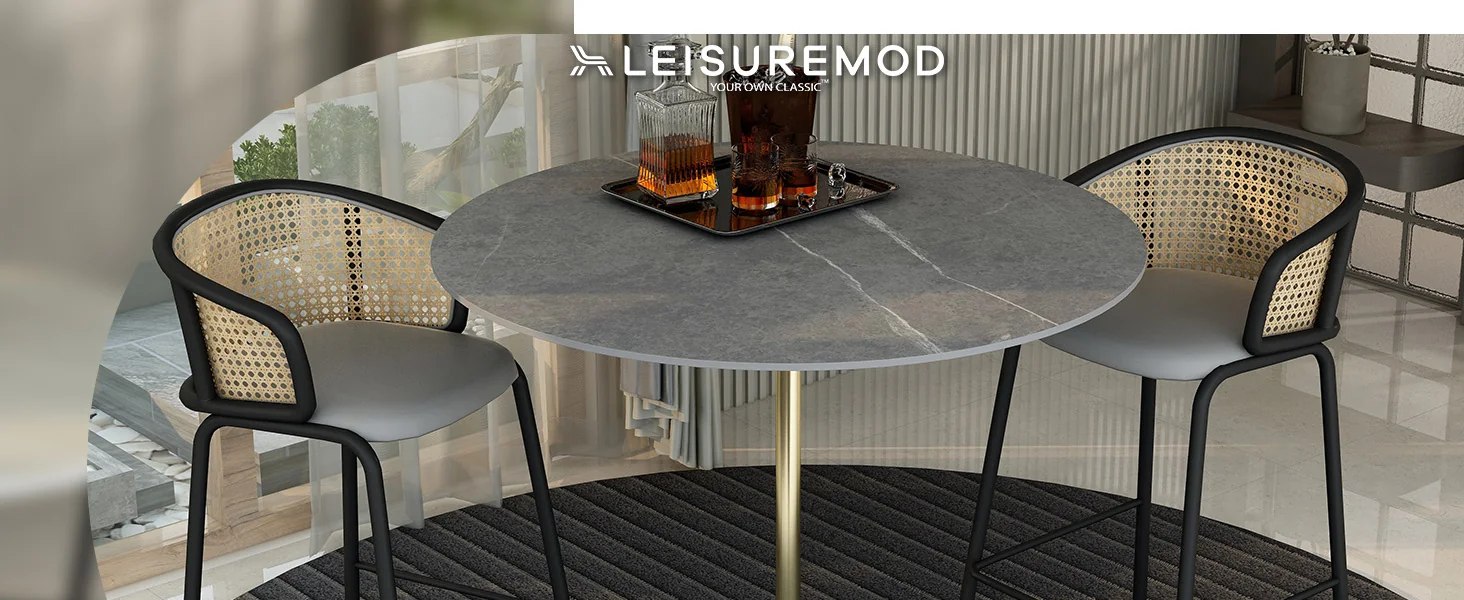 Verve Collection Modern Bar Height Table Brushed Gold Base with 48" Round Marble Grey Sintered Stone Top