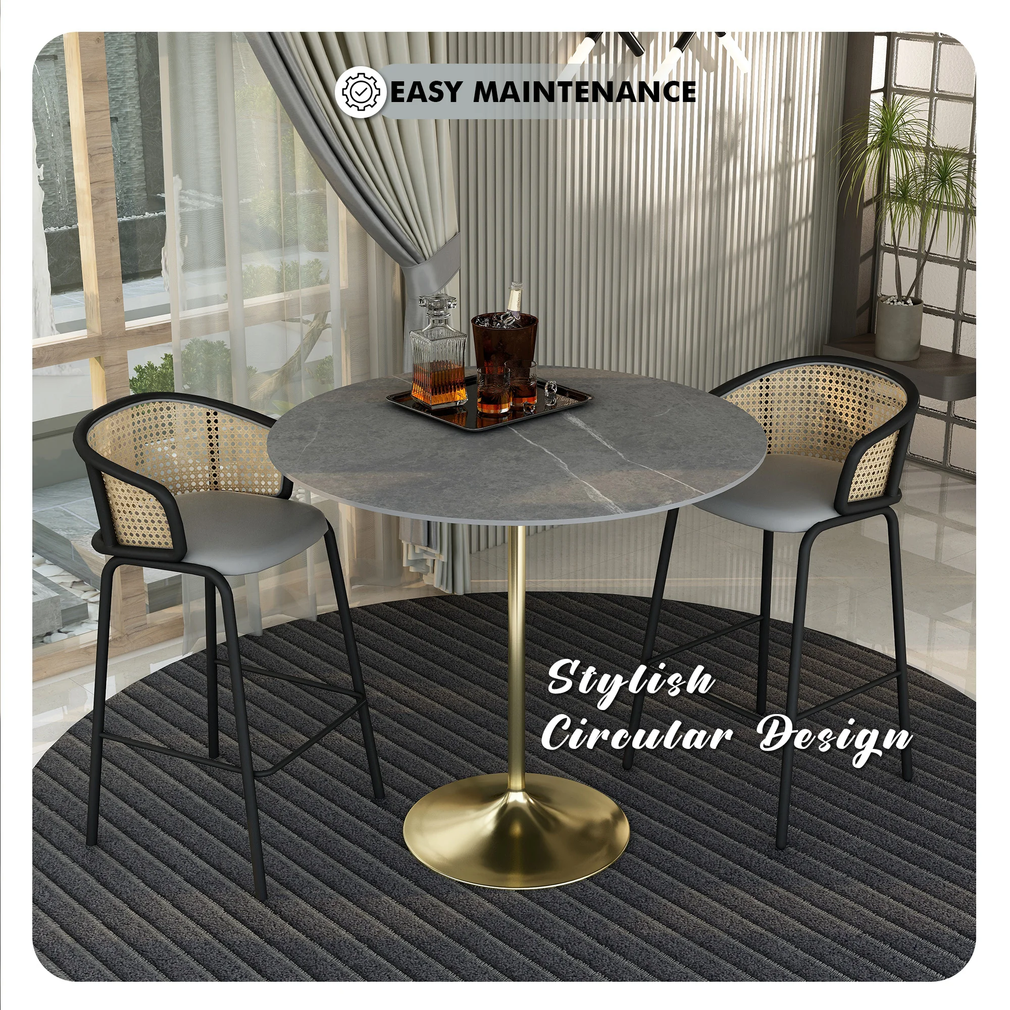 Verve Collection Modern Bar Height Table Brushed Gold Base with 48" Round Marble Grey Sintered Stone Top