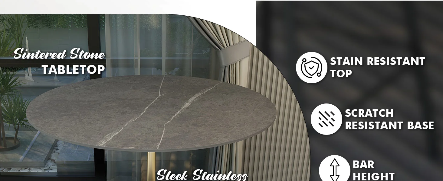 Verve Collection Modern Bar Height Table Brushed Gold Base with 48" Round Marble Grey Sintered Stone Top