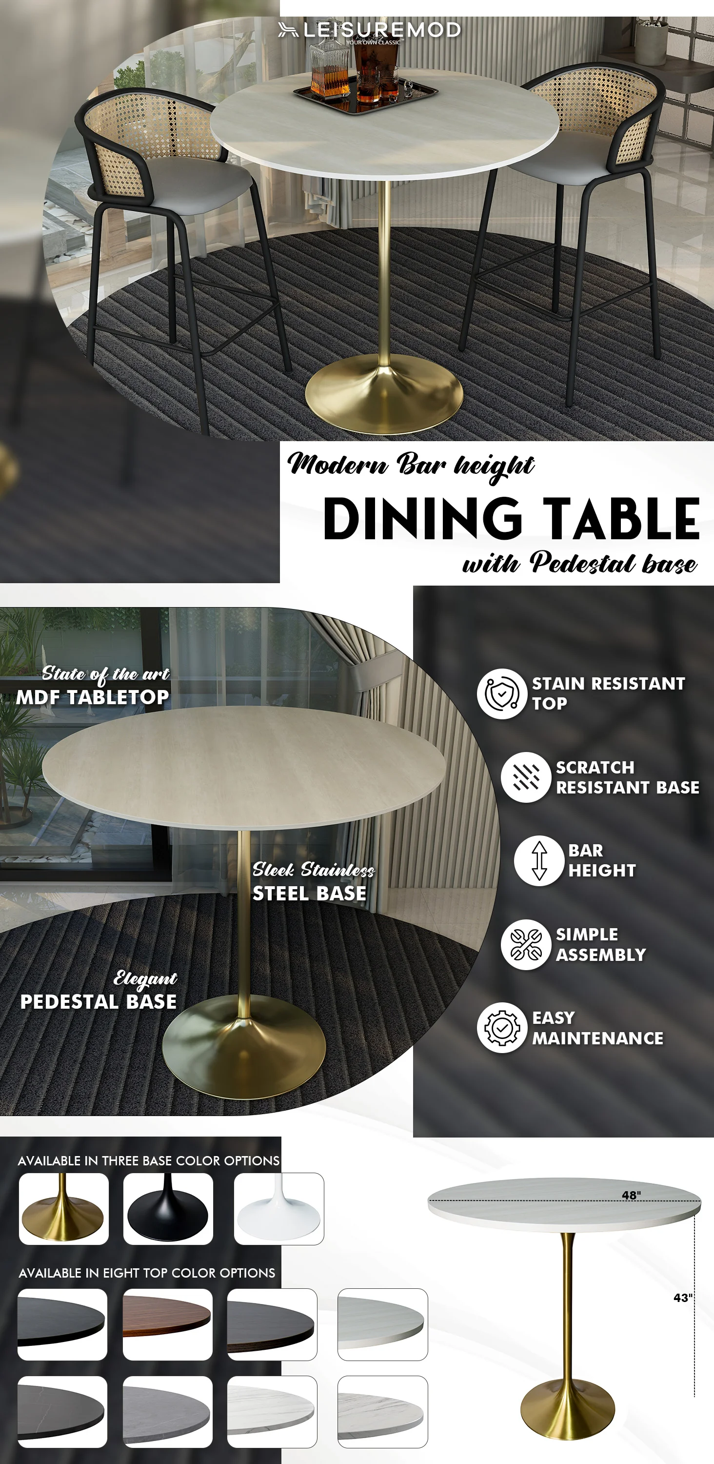 Verve Collection Modern Bar Height Table Brushed Gold Base with 48" Round Light Natural Wood MDF Top