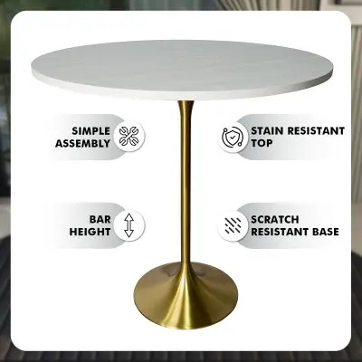 Verve Collection Modern Bar Height Table Brushed Gold Base with 48" Round Light Natural Wood MDF Top