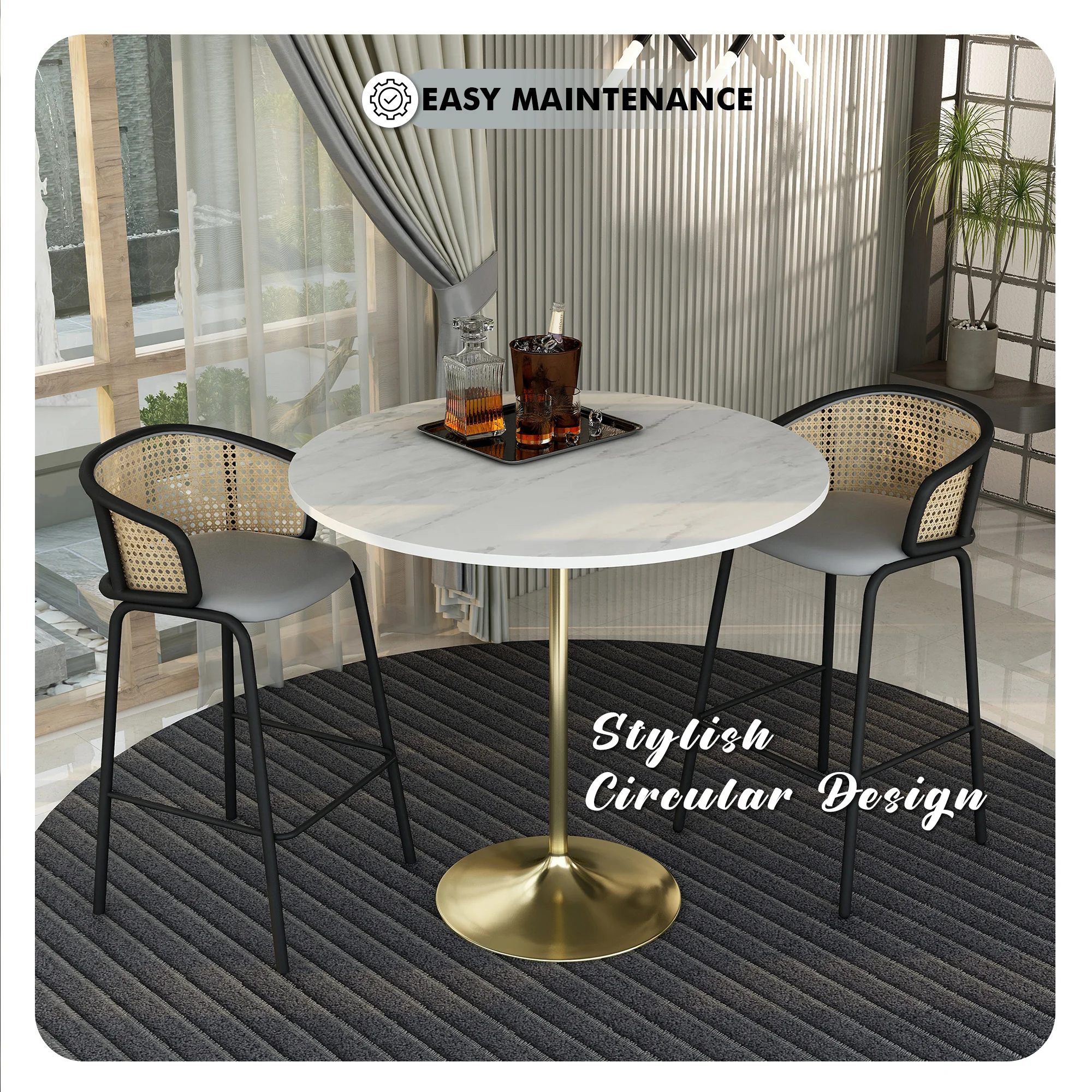 Verve Collection Modern Bar Height Table Brushed Gold Base with 48" Round Marbleized White Laminated Top