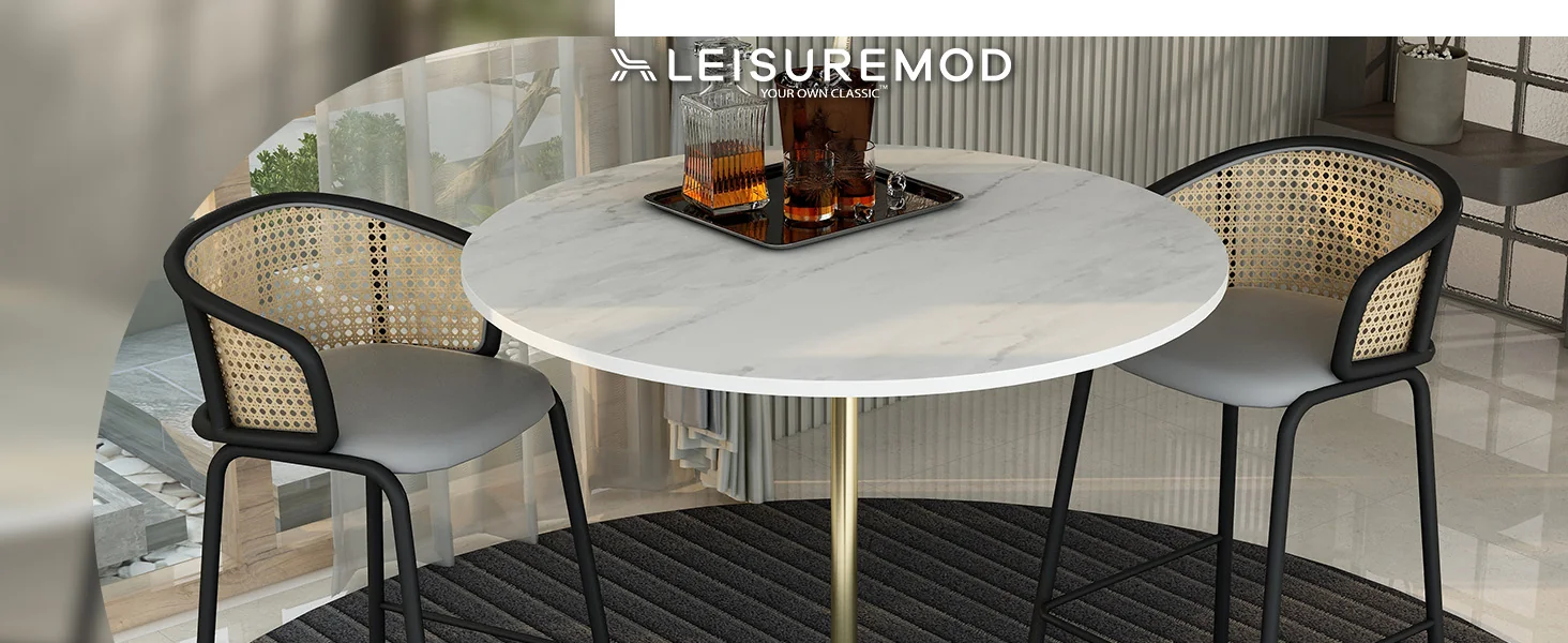 Verve Collection Modern Bar Height Table Brushed Gold Base with 48" Round Marbleized White Laminated Top