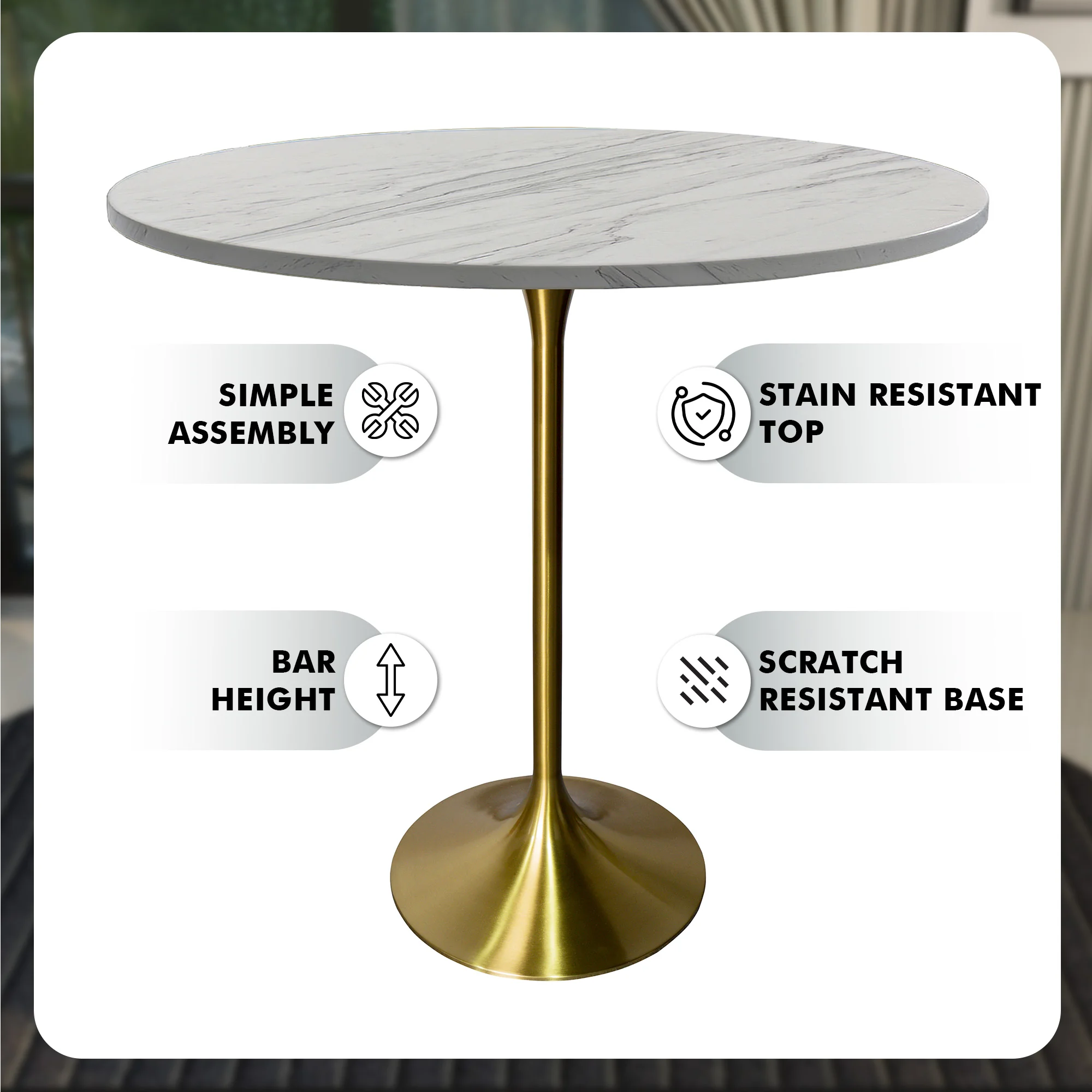 Verve Collection Modern Bar Height Table Brushed Gold Base with 48" Round Marbleized White Laminated Top