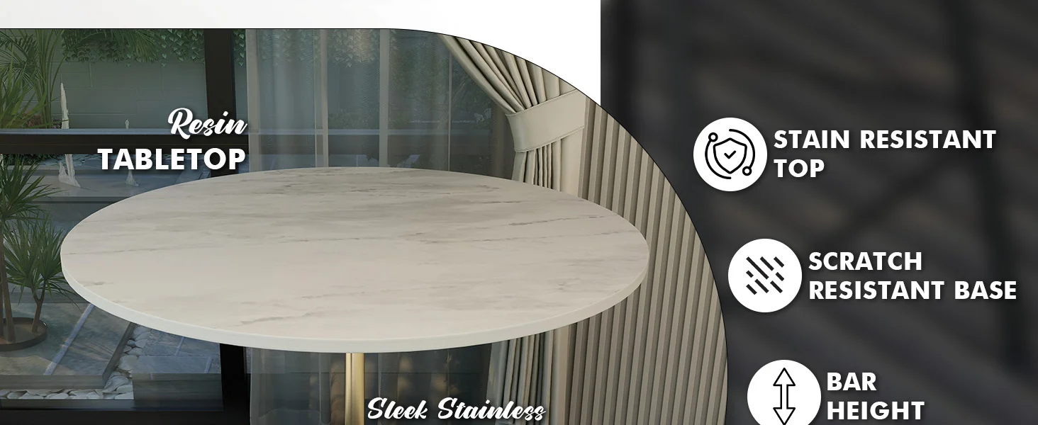 Verve Collection Modern Bar Height Table Brushed Gold Base with 48" Round Marbleized White Laminated Top