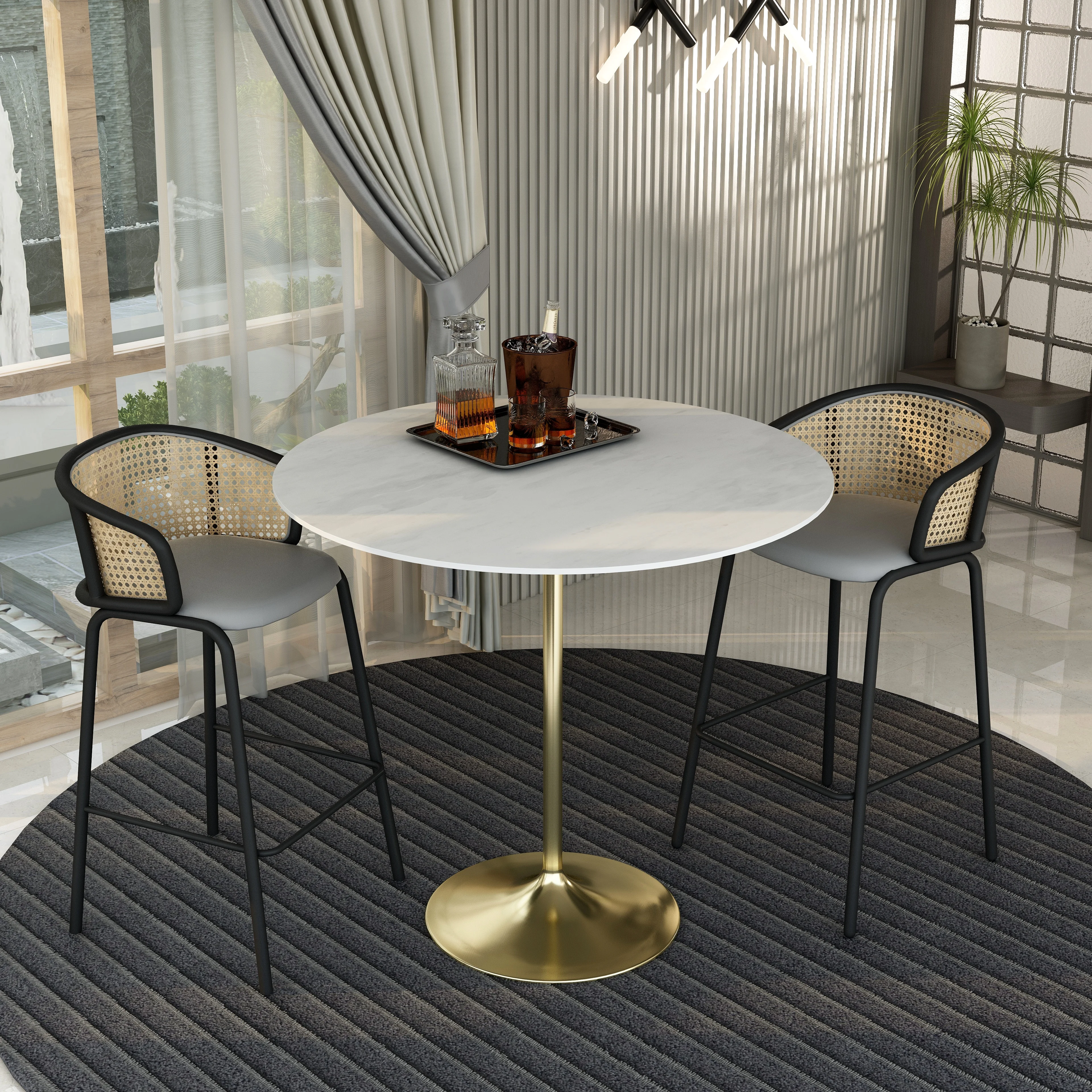Verve Collection Modern Bar Height Table Brushed Gold Base with 48" Round Marble White Sintered Stone Top