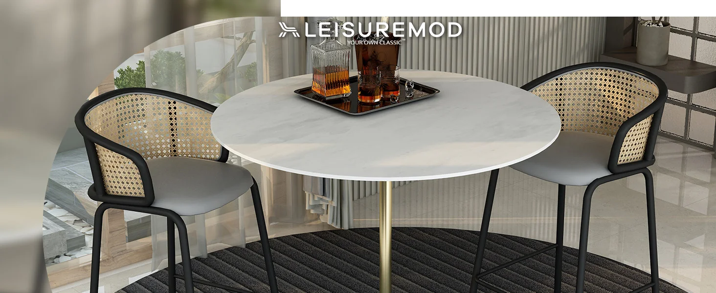 Verve Collection Modern Bar Height Table Brushed Gold Base with 48" Round Marble White Sintered Stone Top