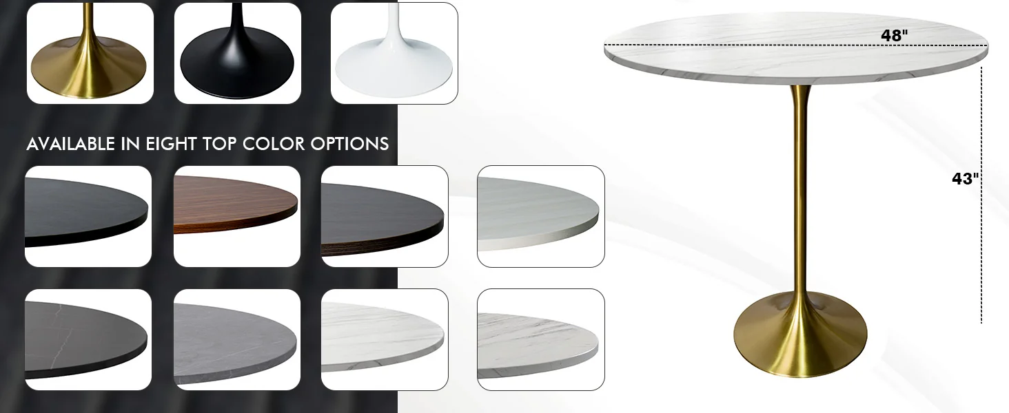 Verve Collection Modern Bar Height Table Brushed Gold Base with 48" Round Marble White Sintered Stone Top