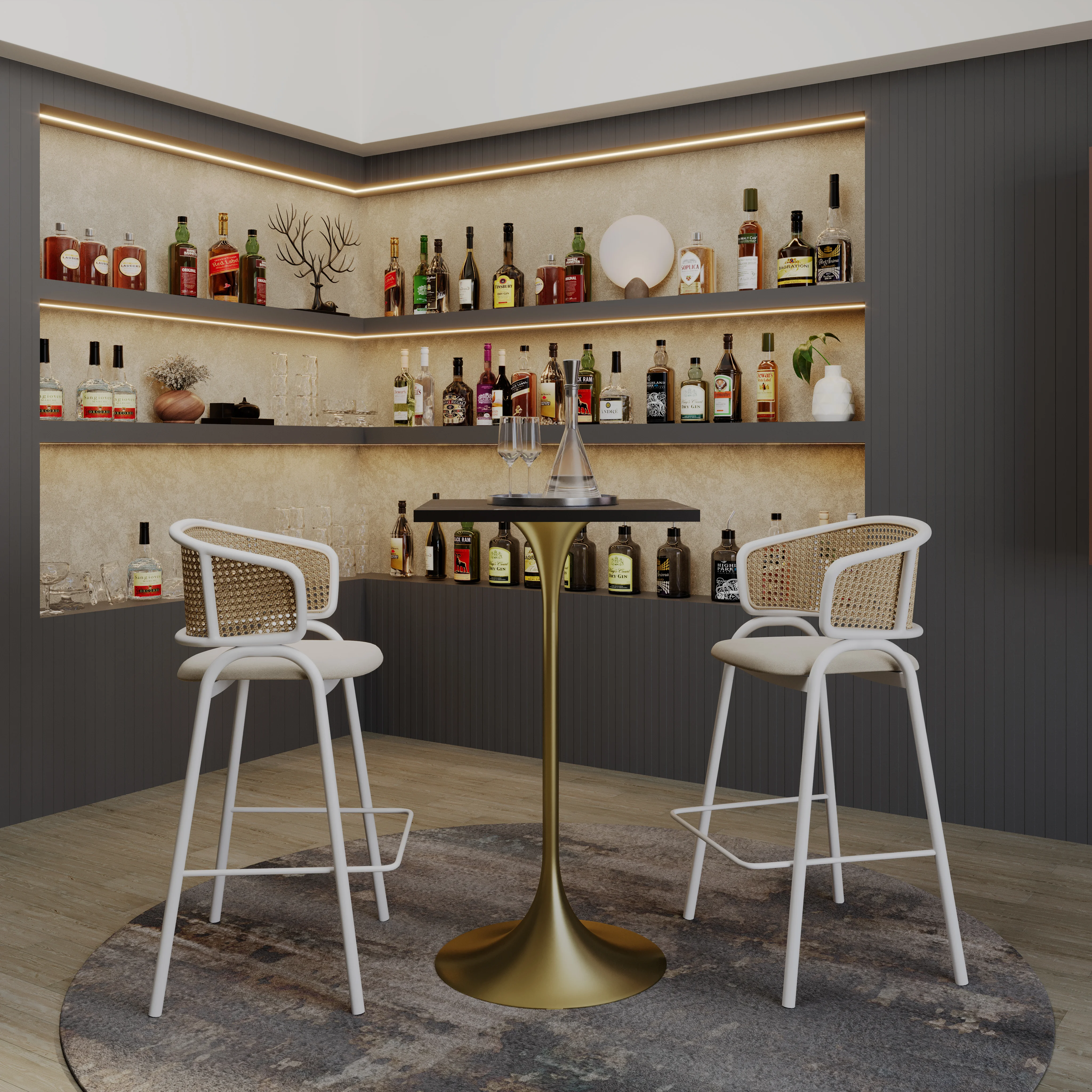 Verve Collection 24 Square Top Bar Height Table, Brushed Gold Base with Black MDF Top