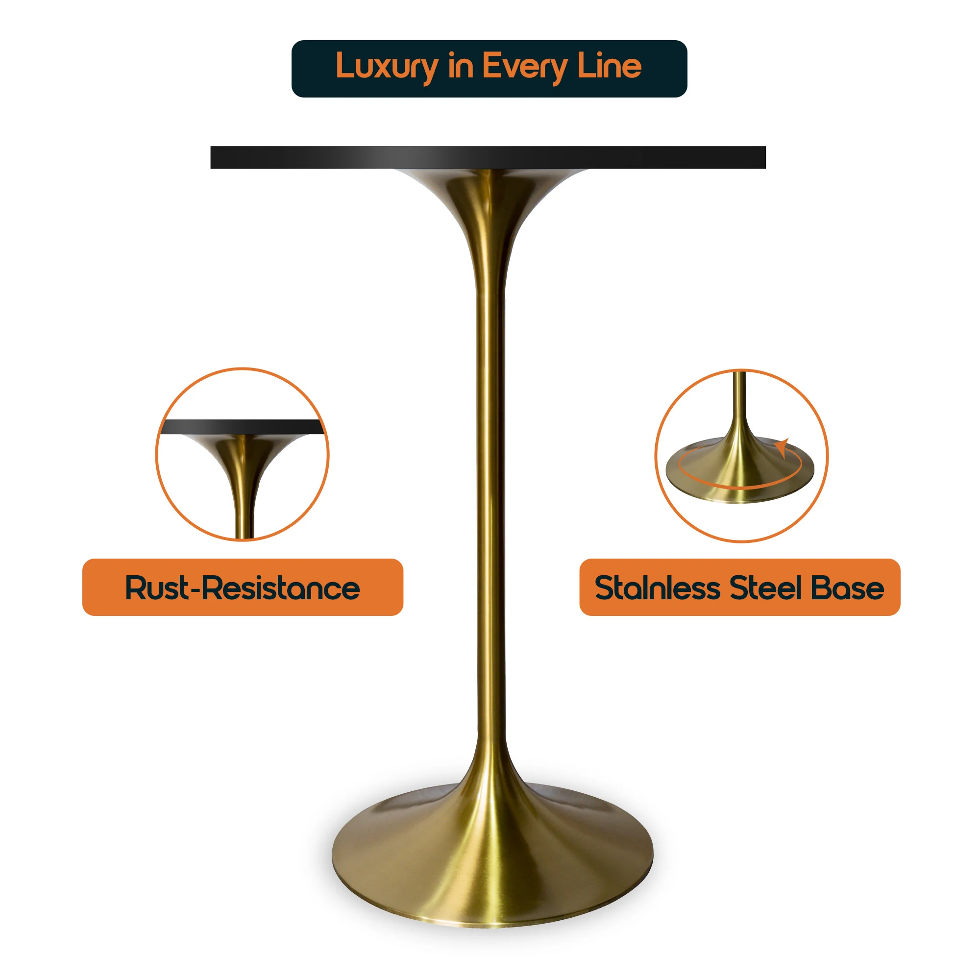 Verve Collection 24 Square Top Bar Height Table, Brushed Gold Base with Black MDF Top