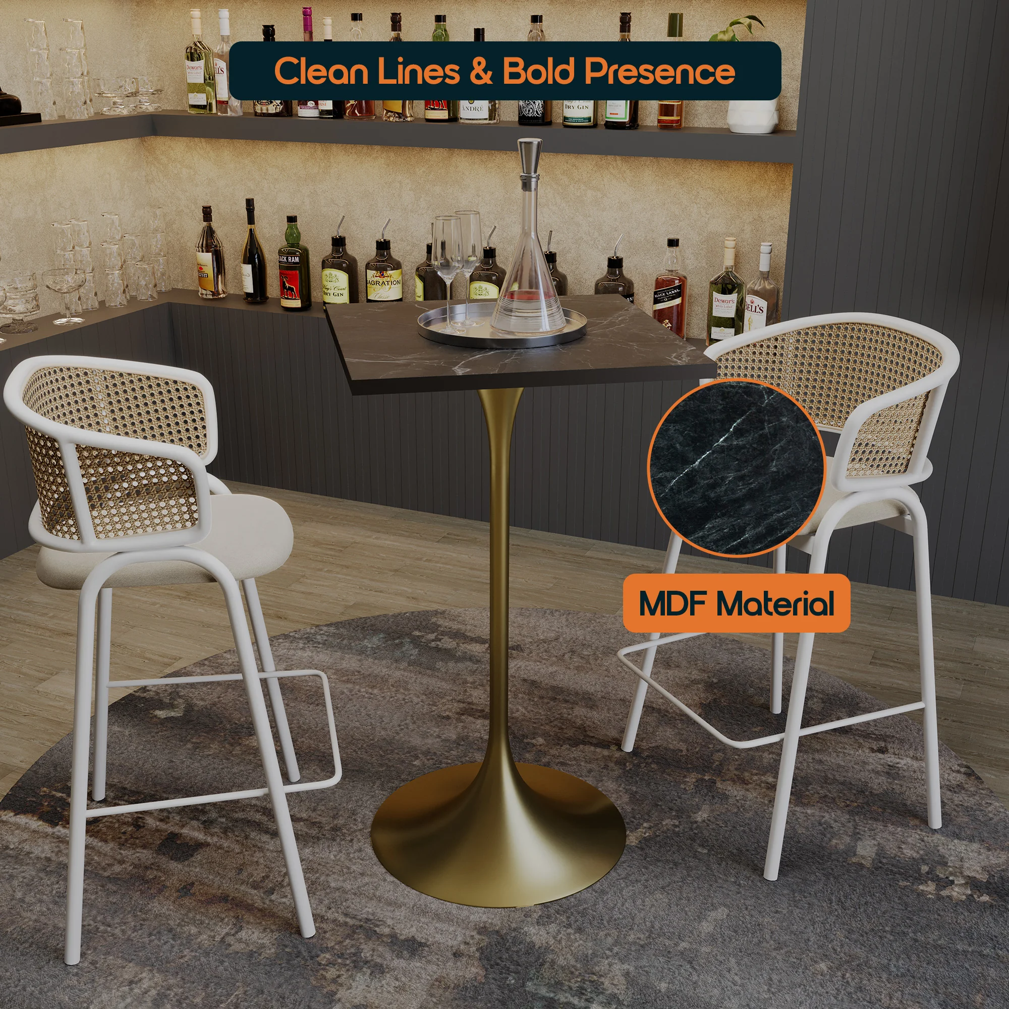 Verve Collection 24 Square Top Bar Height Table, Brushed Gold Base with Black MDF Top