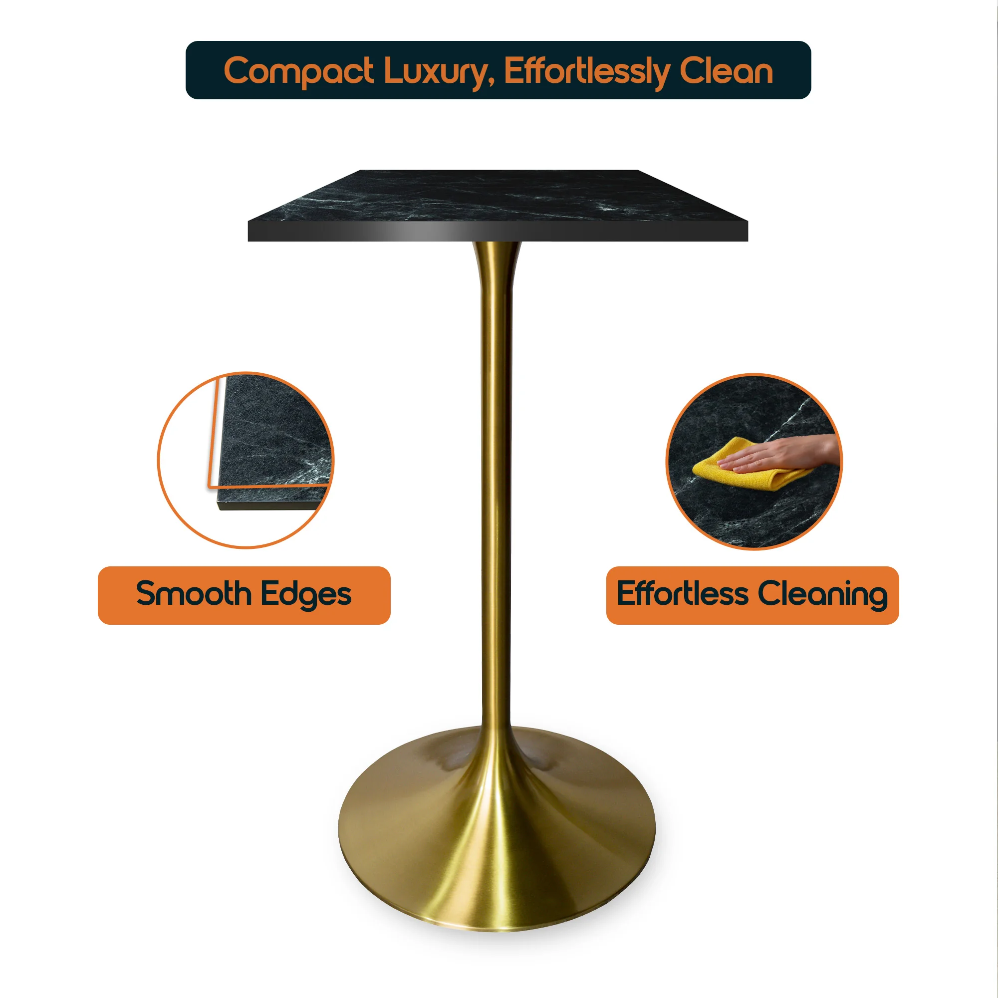 Verve Collection 24 Square Top Bar Height Table, Brushed Gold Base with Black MDF Top