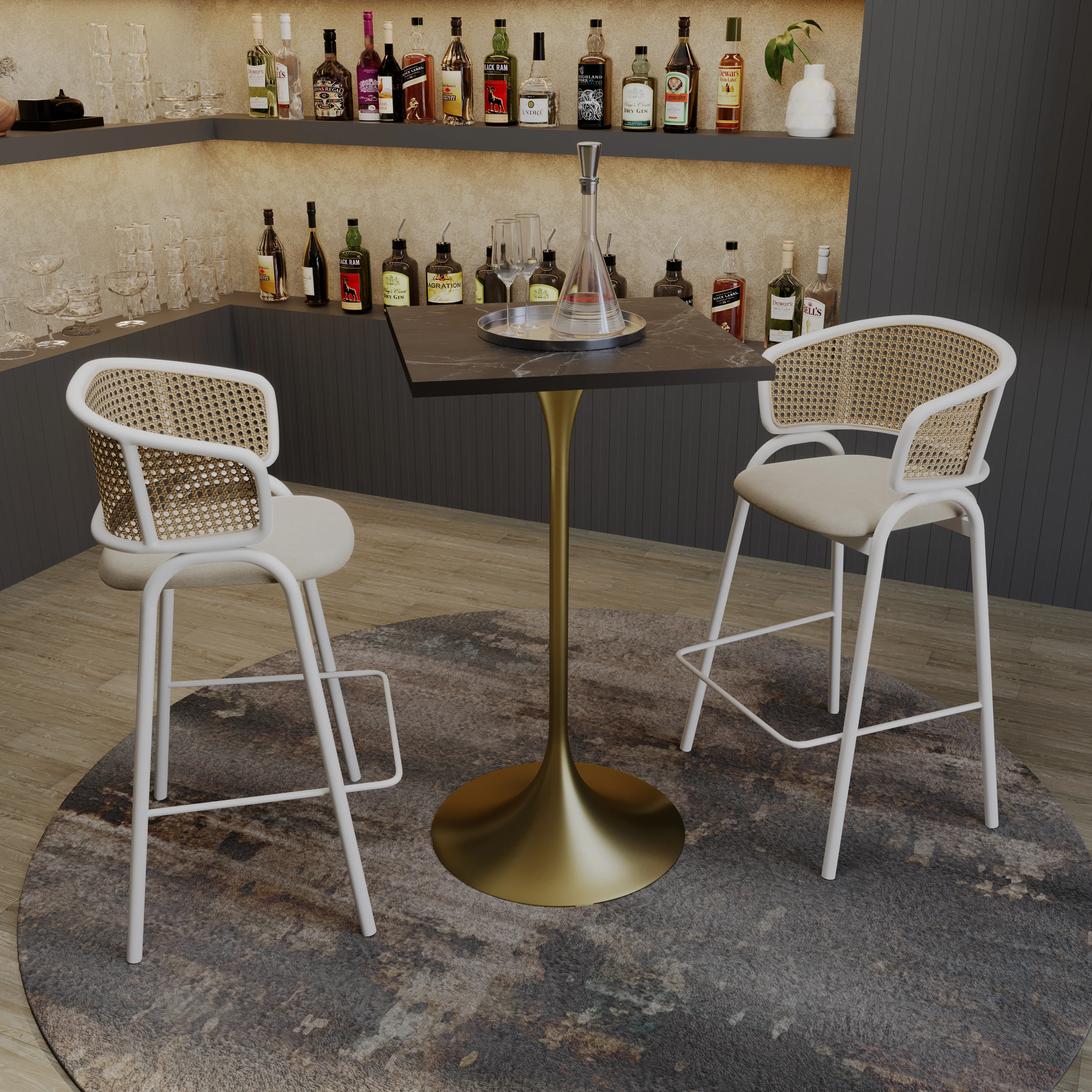 Verve Collection 24 Square Top Bar Height Table, Brushed Gold Base with Black MDF Top