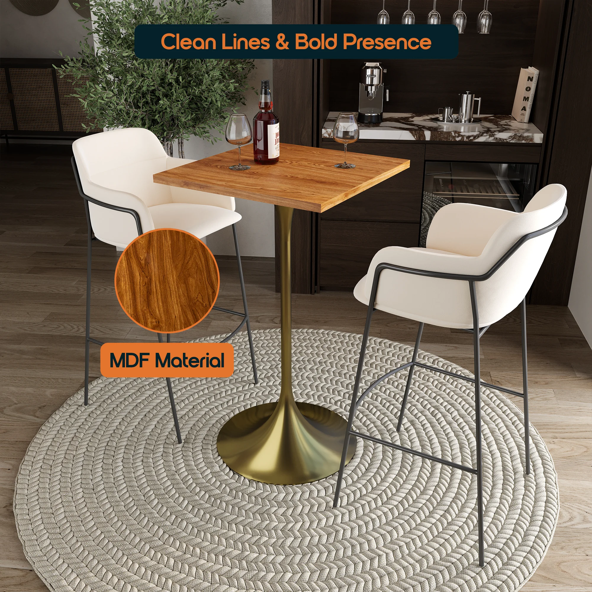 Verve Collection 24 Square Top Bar Height Table, Brushed Gold Base with Cognac Brown MDF Top