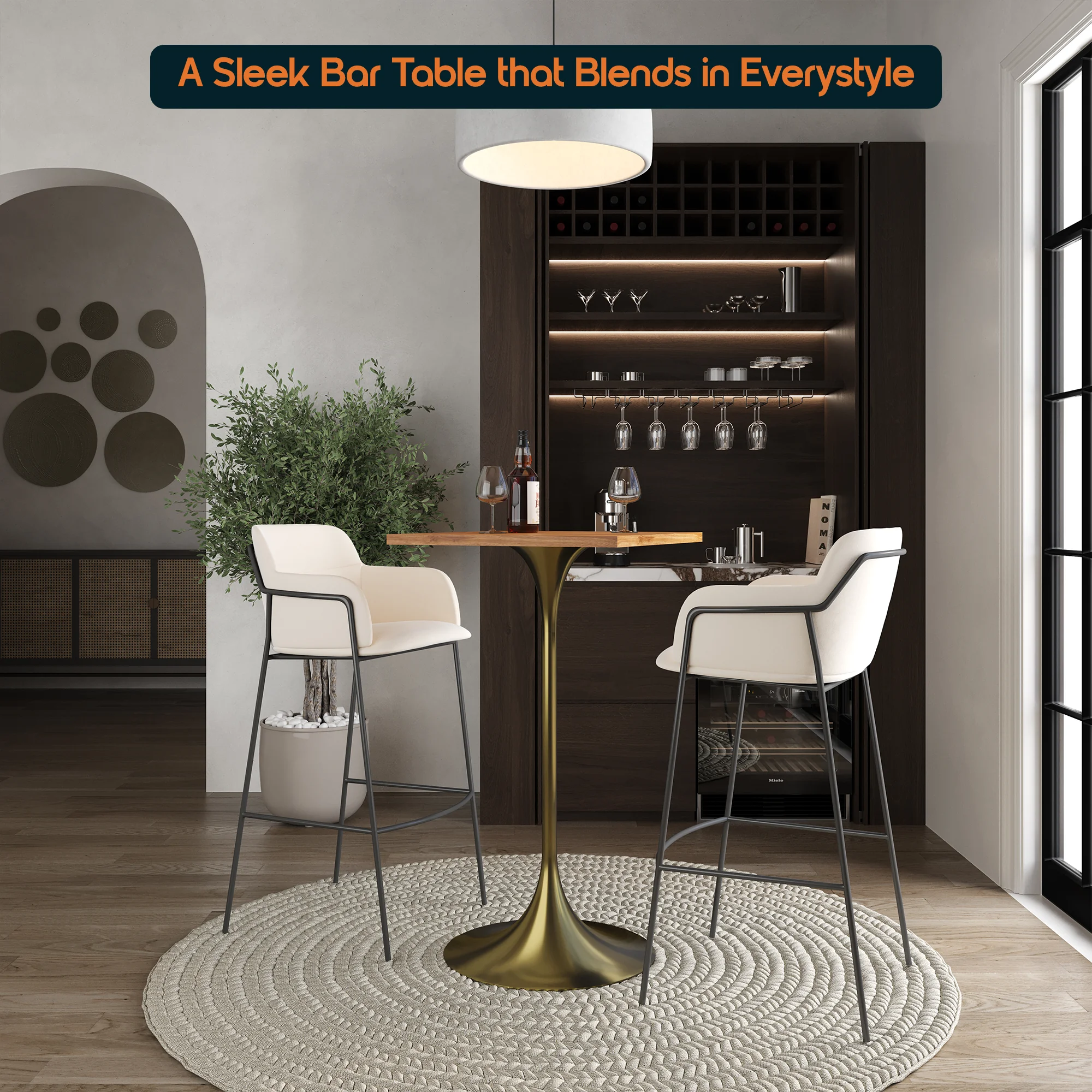 Verve Collection 24 Square Top Bar Height Table, Brushed Gold Base with Cognac Brown MDF Top