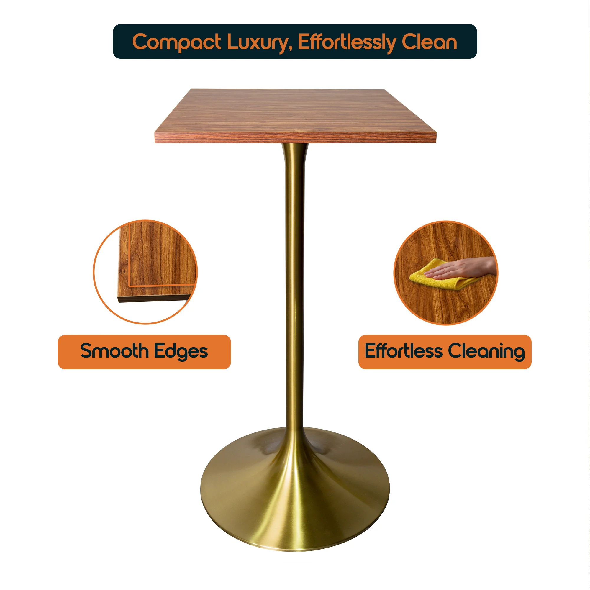 Verve Collection 24 Square Top Bar Height Table, Brushed Gold Base with Cognac Brown MDF Top