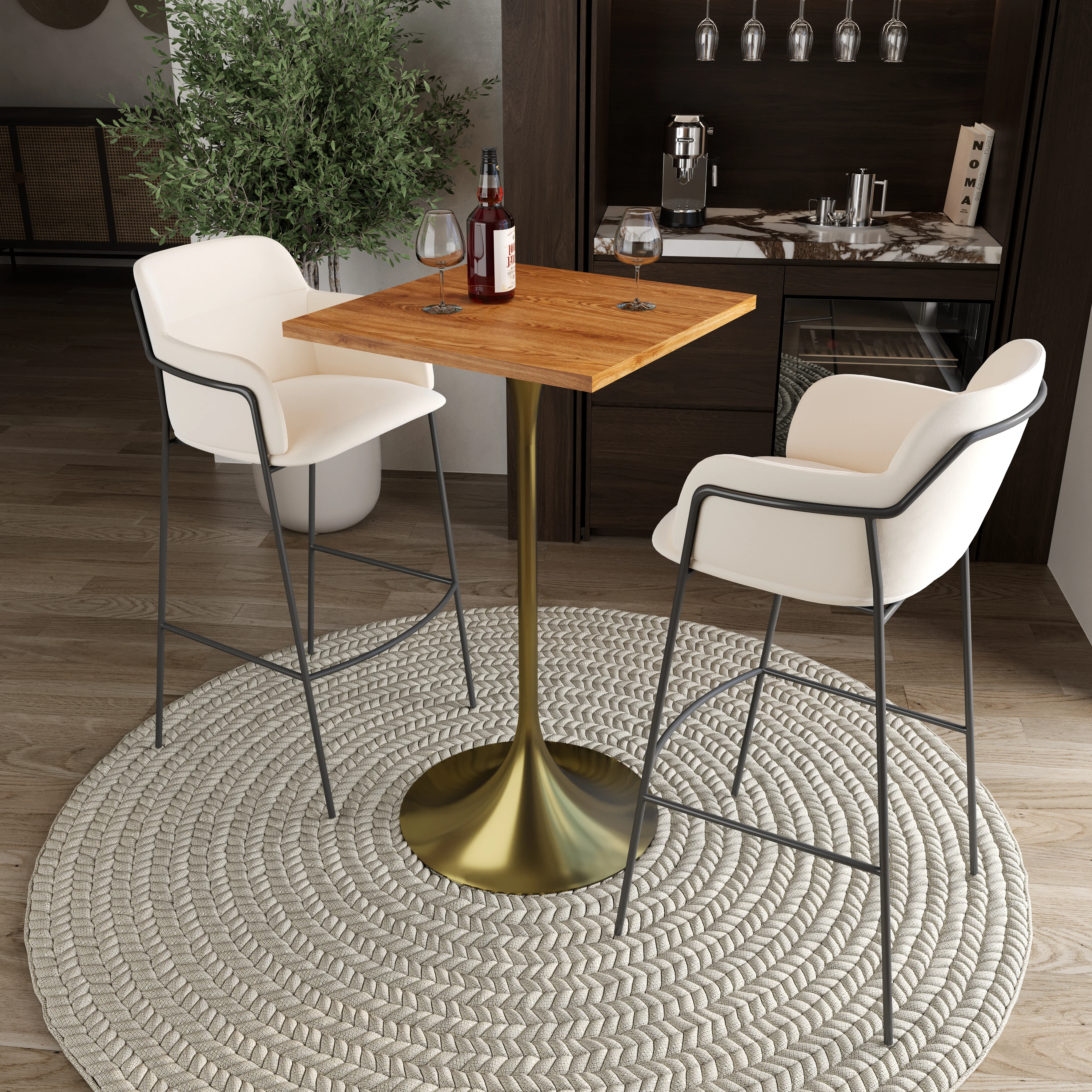 Verve Collection 24 Square Top Bar Height Table, Brushed Gold Base with Cognac Brown MDF Top