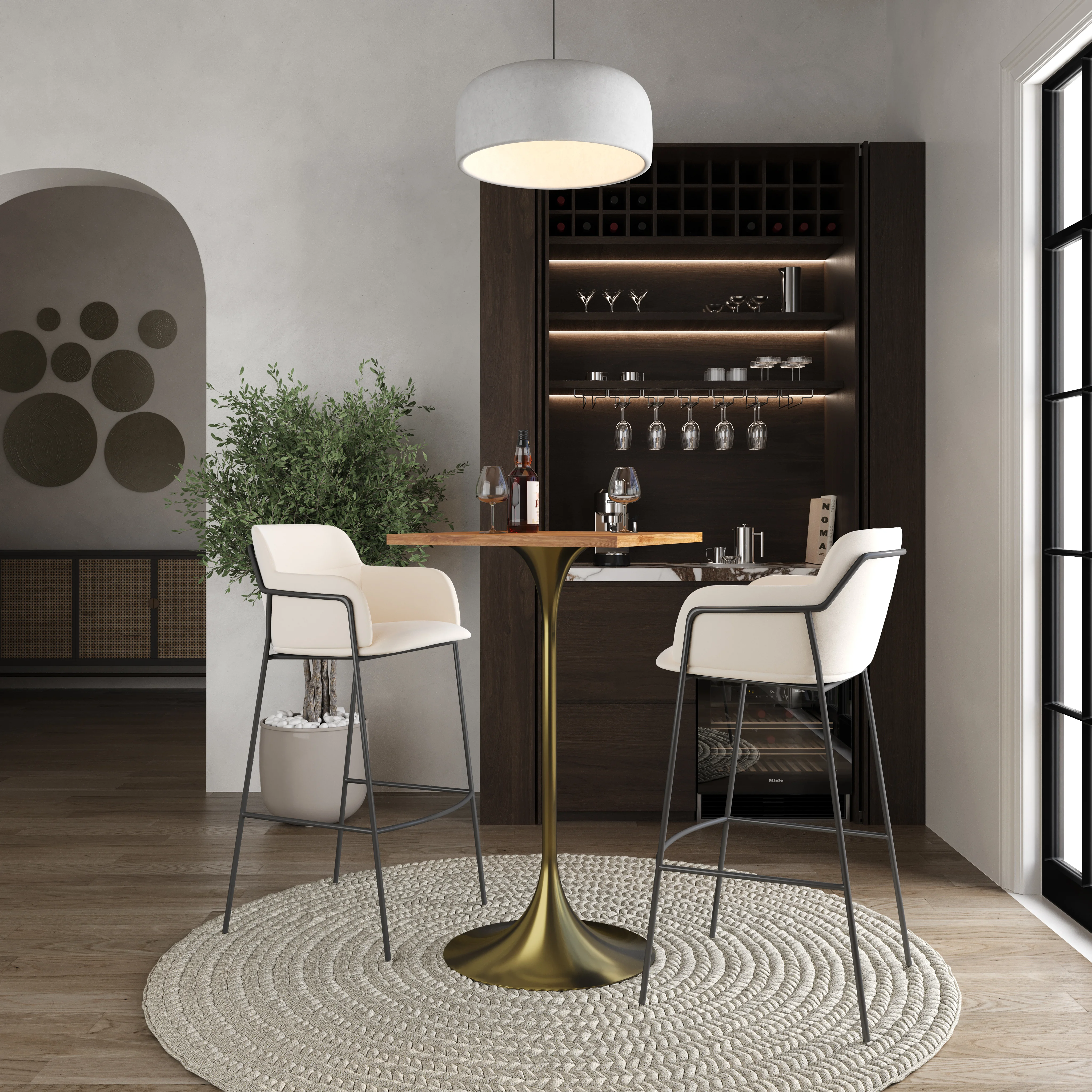 Verve Collection 24 Square Top Bar Height Table, Brushed Gold Base with Cognac Brown MDF Top