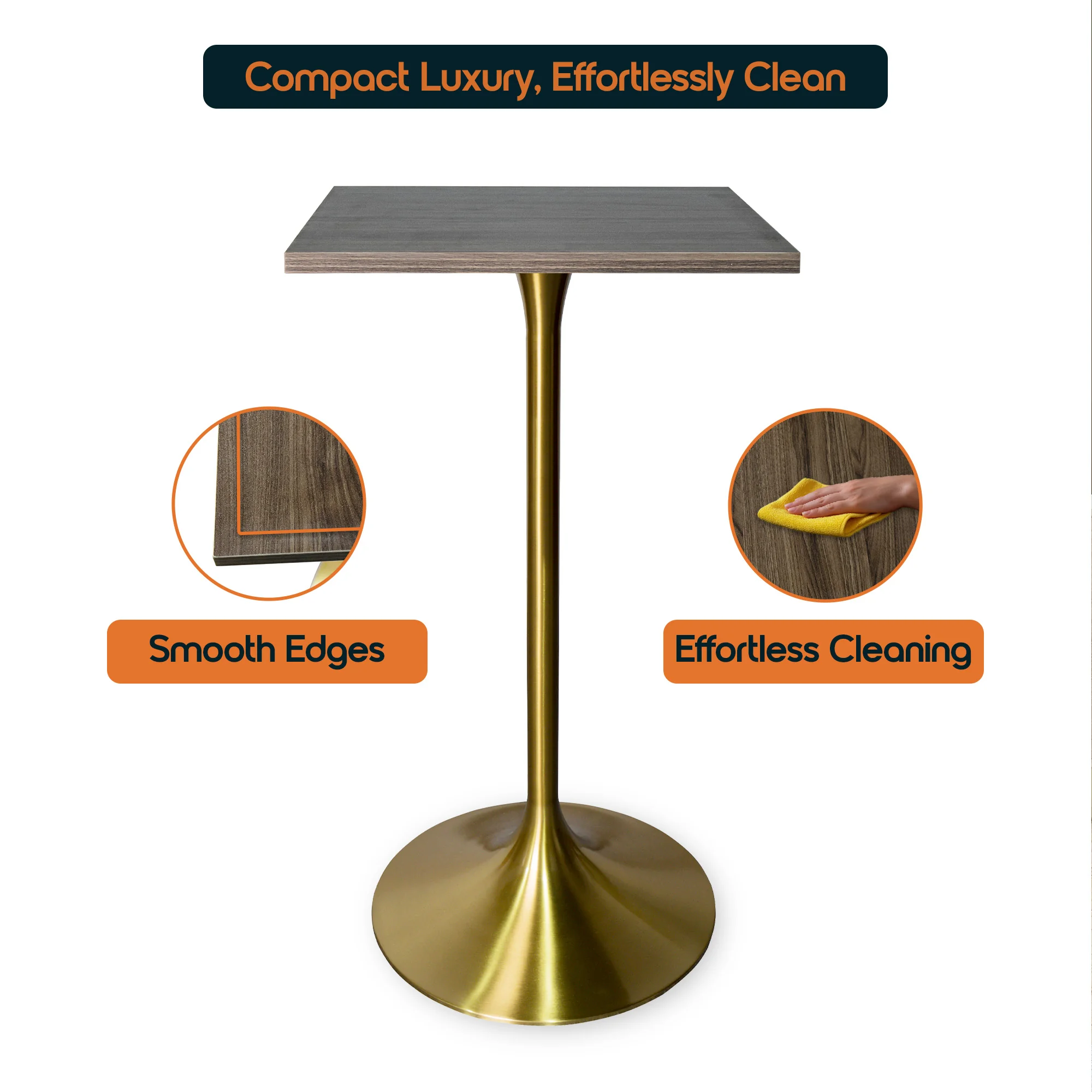 Verve Collection 24 Square Top Bar Height Table, Brushed Gold Base with Dark Maple MDF Top