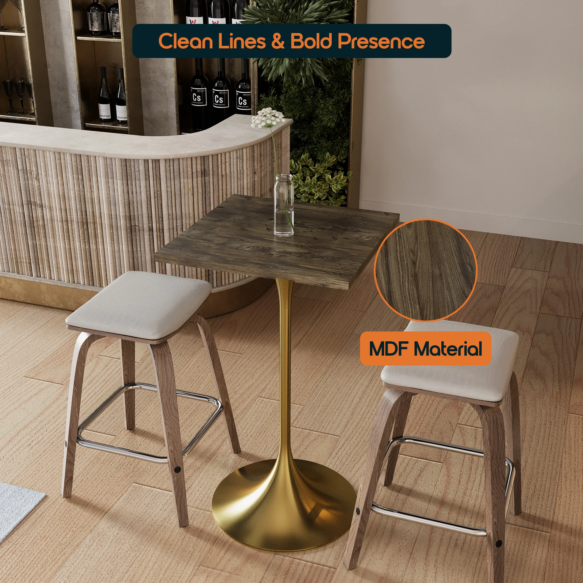 Verve Collection 24 Square Top Bar Height Table, Brushed Gold Base with Dark Maple MDF Top