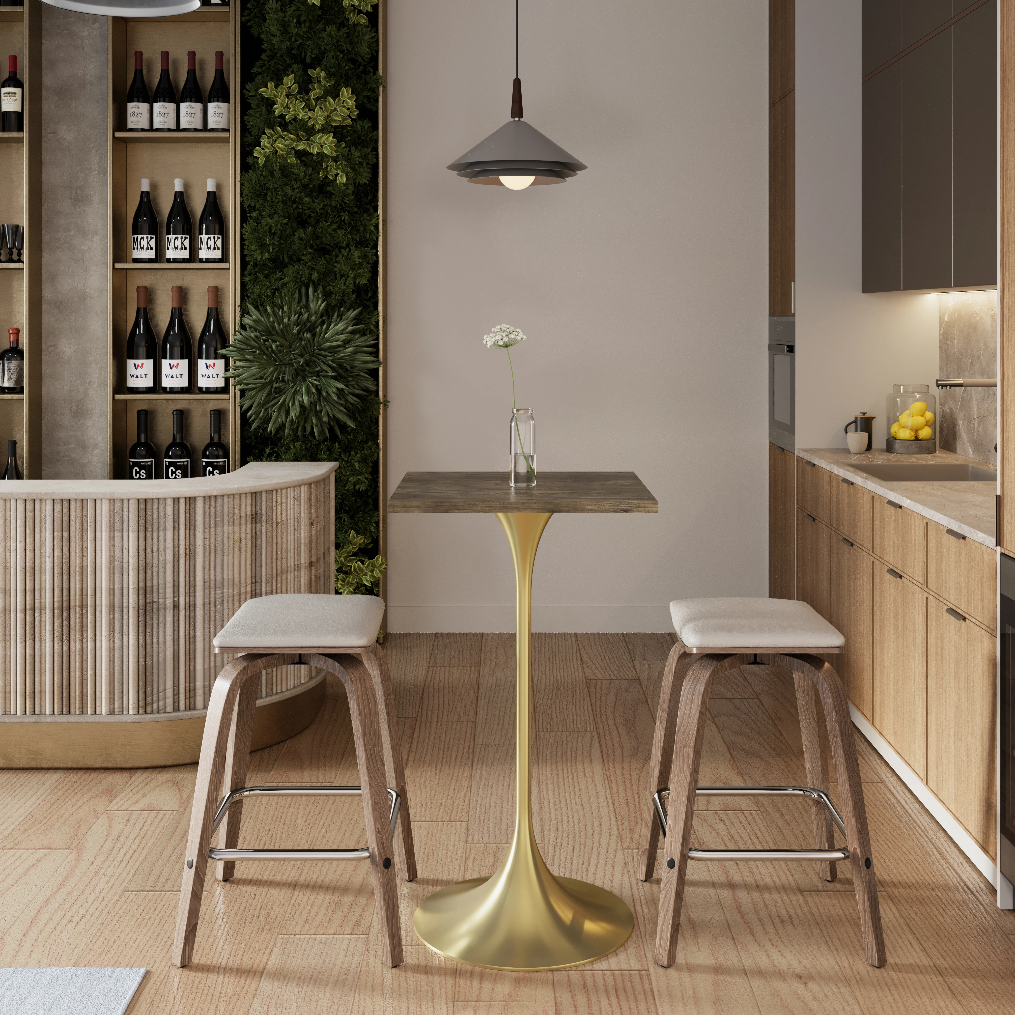 Verve Collection 24 Square Top Bar Height Table, Brushed Gold Base with Dark Maple MDF Top