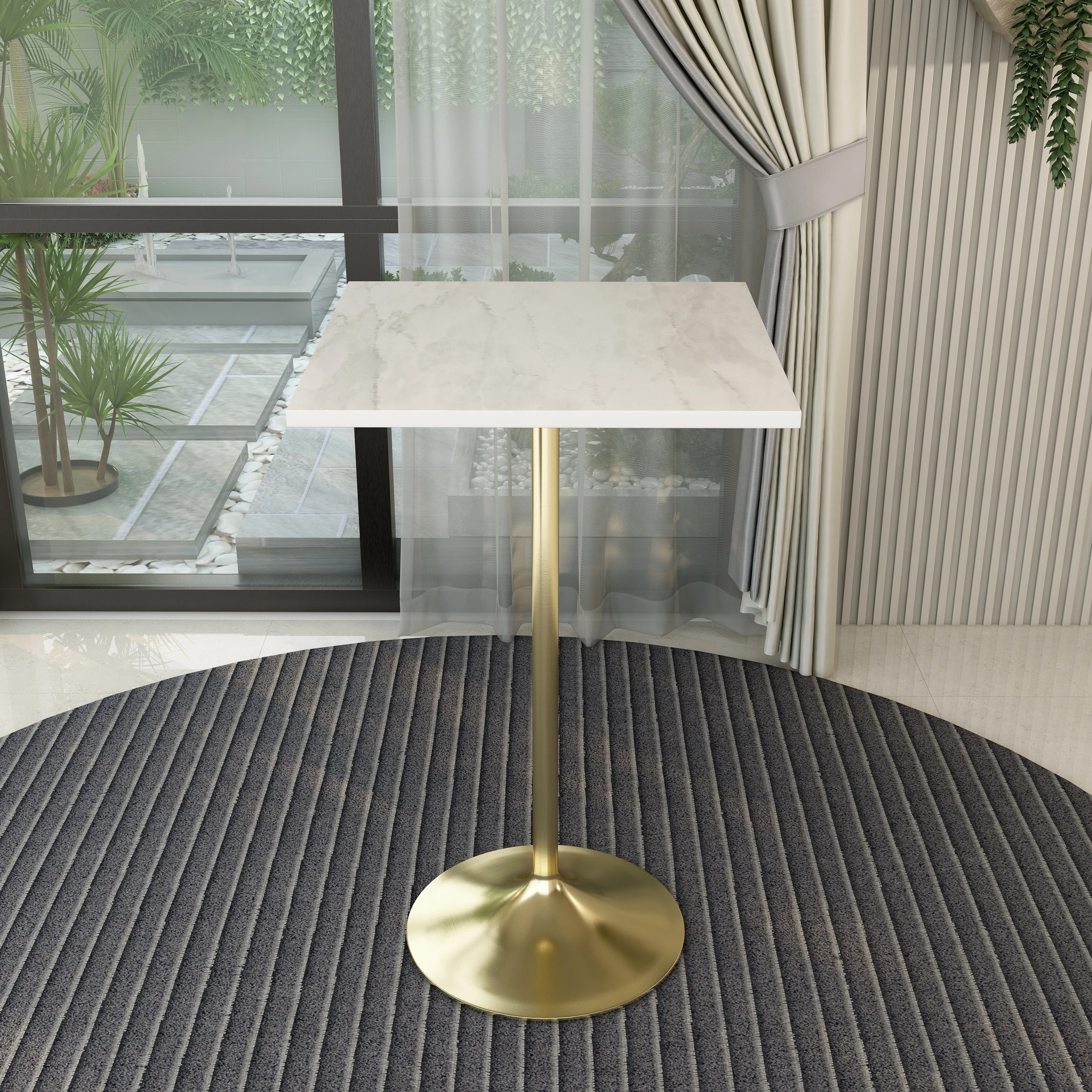 Verve Collection Modern Bar Height Table Brushed Gold Base with 27" Square Marbleized White Laminated  Top