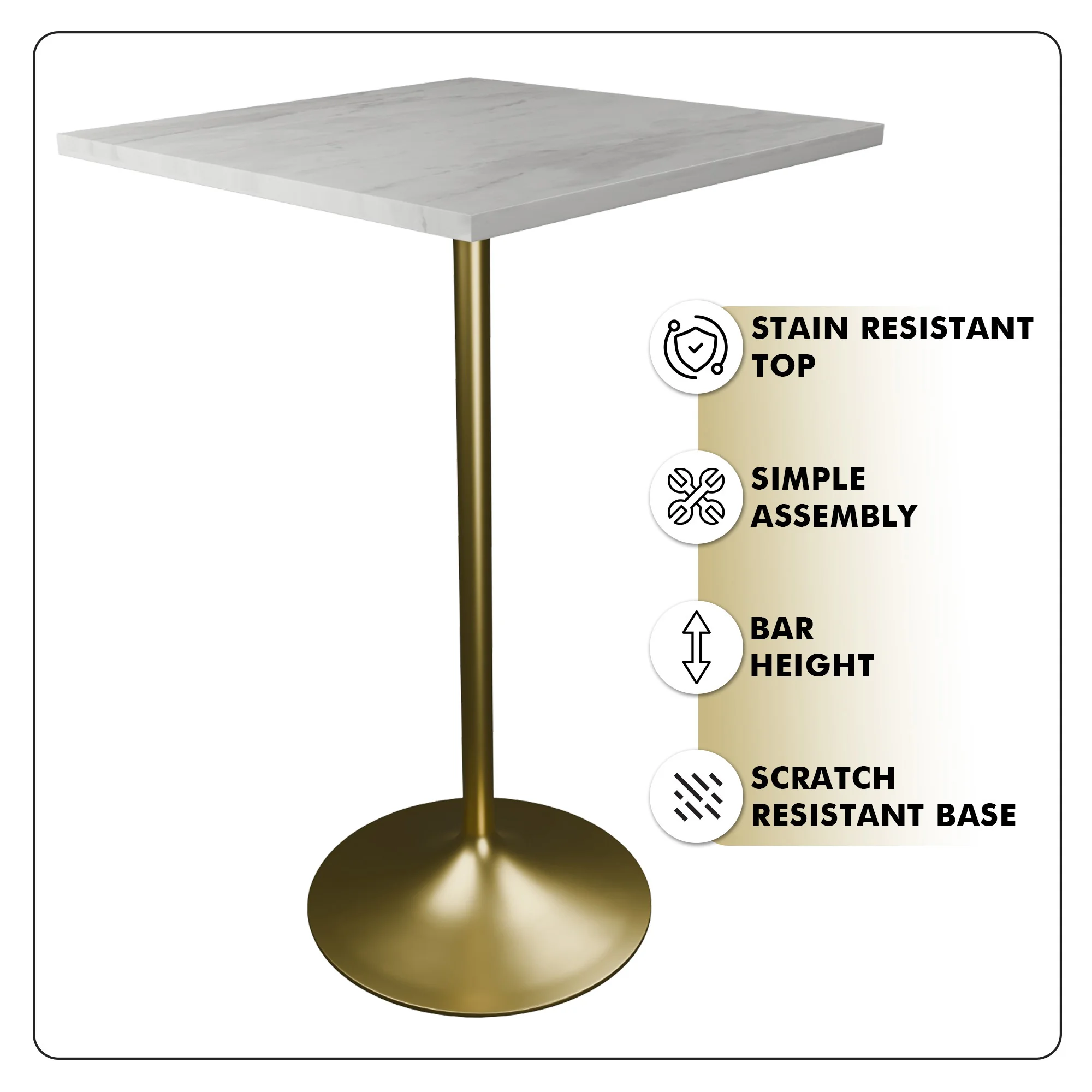 Verve Collection Modern Bar Height Table Brushed Gold Base with 27" Square Marbleized White Laminated  Top