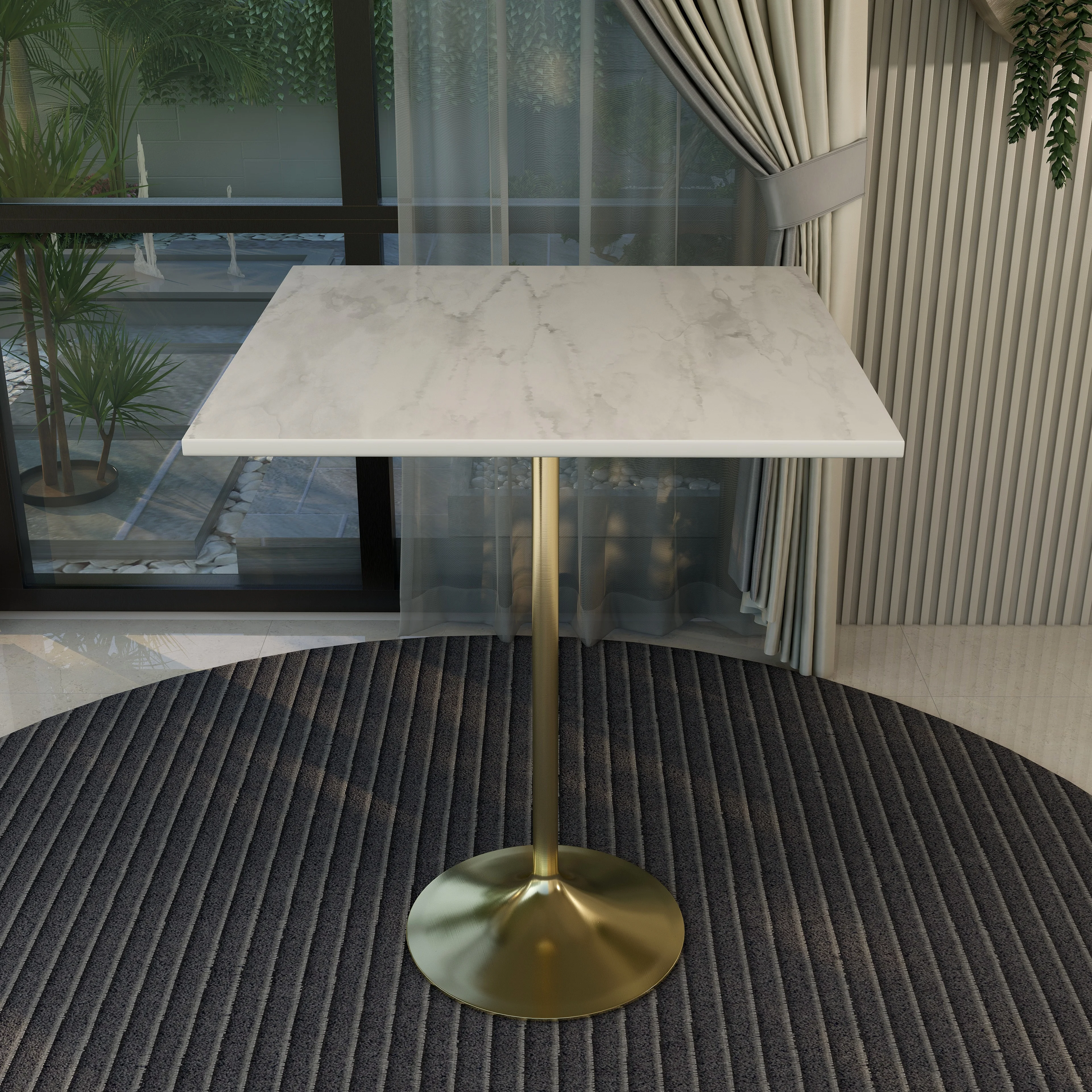 Verve Collection Modern Bar Height Table Brushed Gold Base with 36" Square Marbleized White Laminated  Top